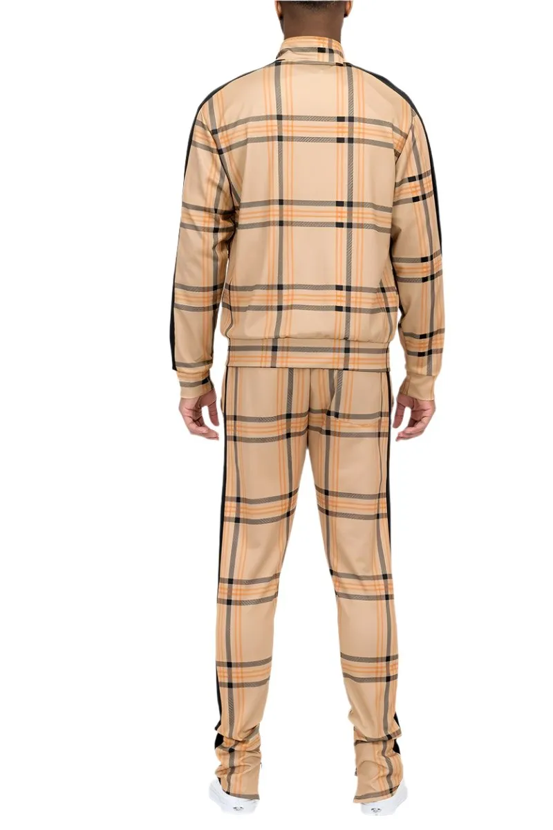 Brown Plaid Track Jacket and Pant Set Mens