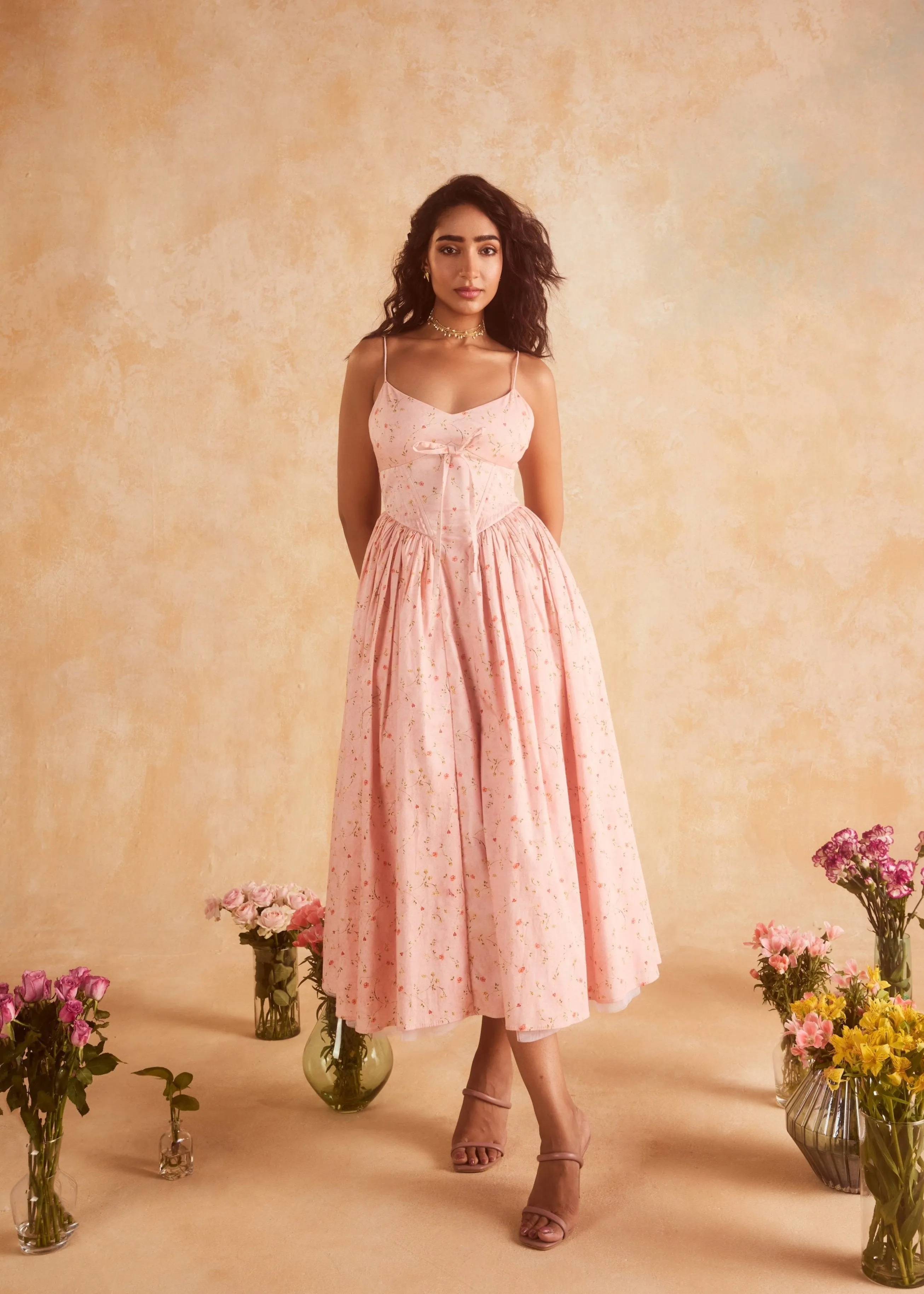 Brynlee Baby Pink Floral Printed Corset Midi Dress