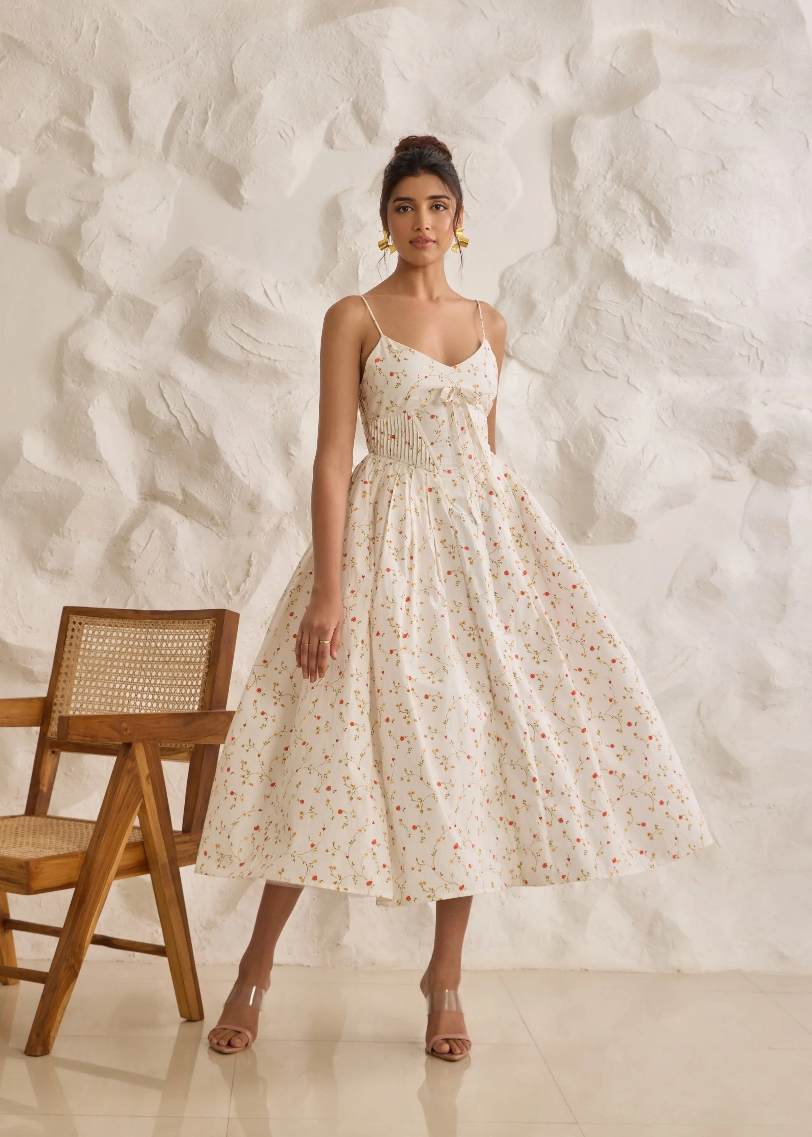 Brynlee White Floral Printed Corset Midi Dress