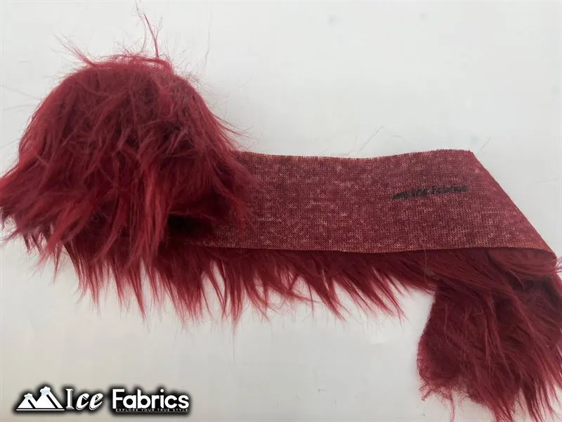 Burgundy Shaggy Mohair Strips Ribbon Faux Fur Fabric Pre Cut Roll