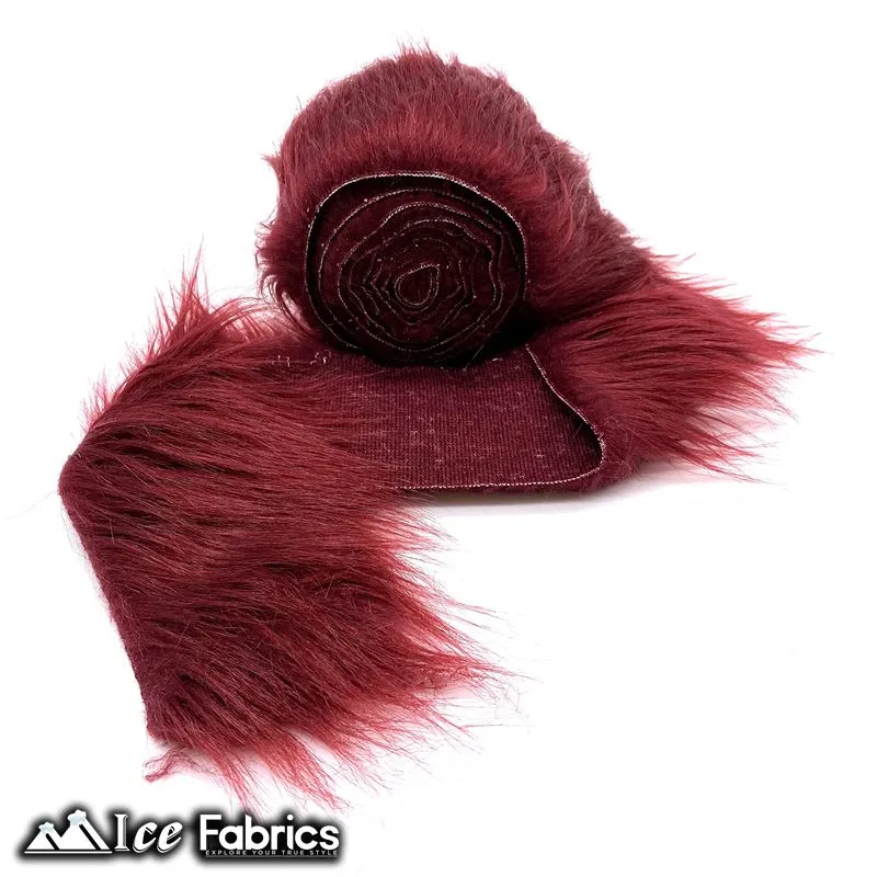 Burgundy Shaggy Mohair Strips Ribbon Faux Fur Fabric Pre Cut Roll