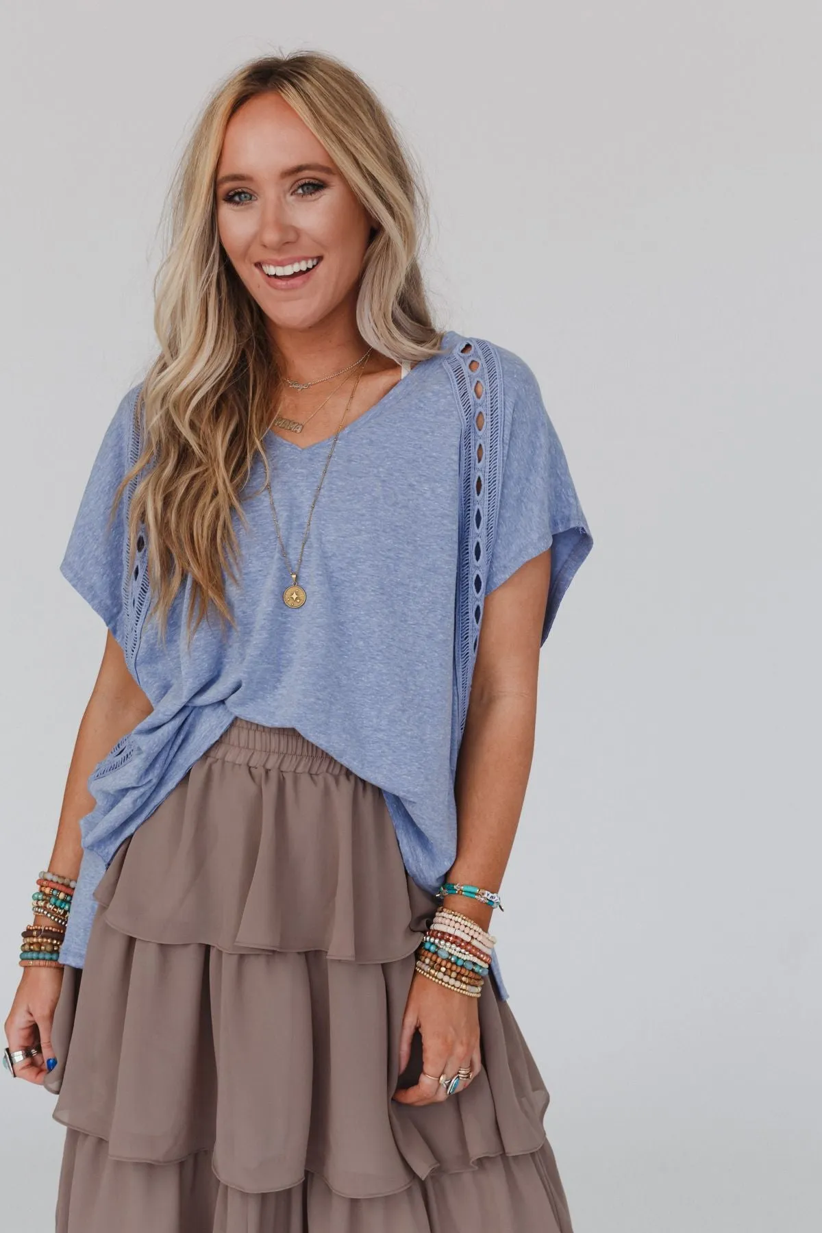 Camden Lace V Neck Top - Denim