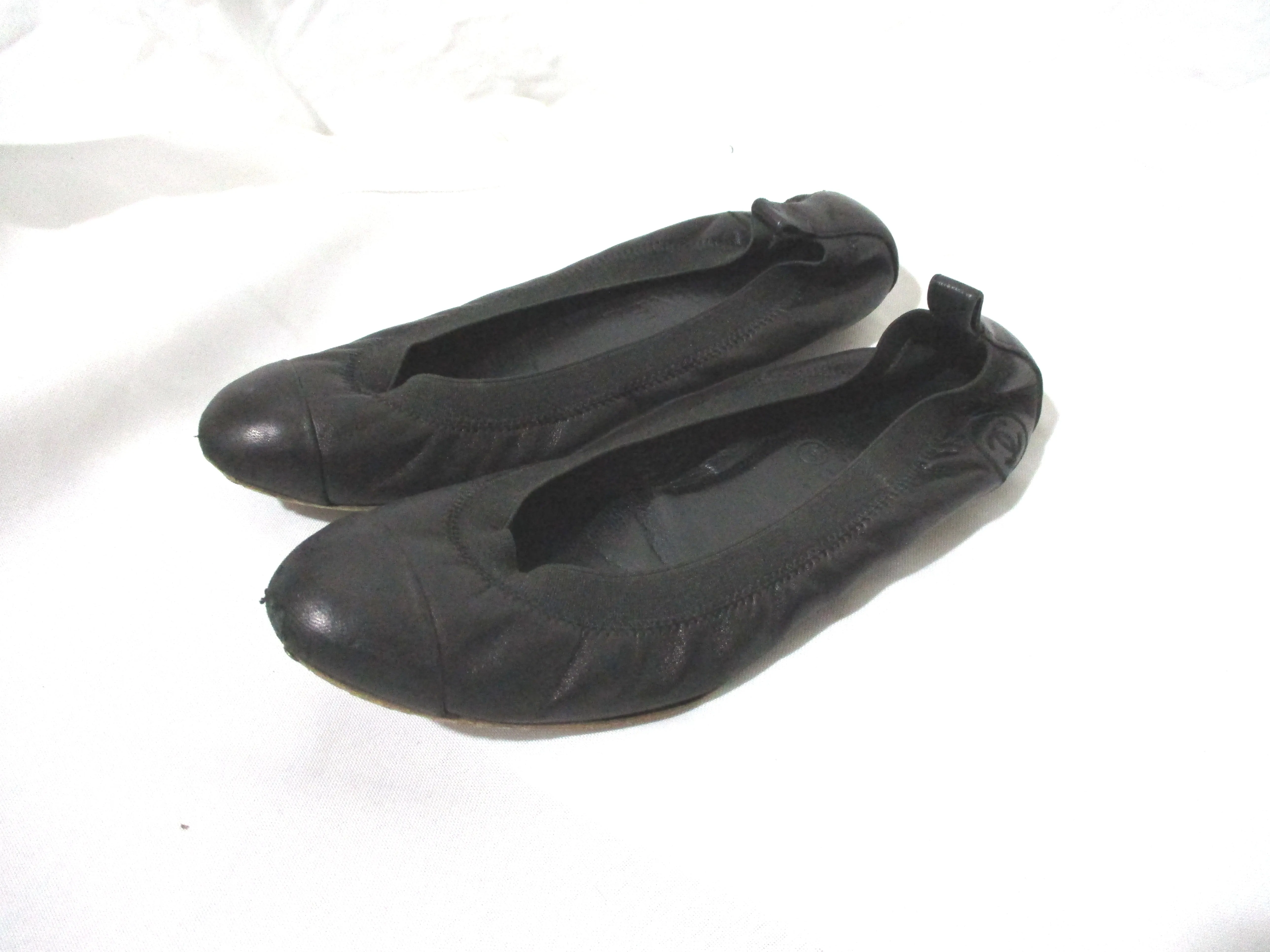 CHANEL Leather Classic Ballet Flat Shoe 36.5 Slipper BLACK Cap Toe