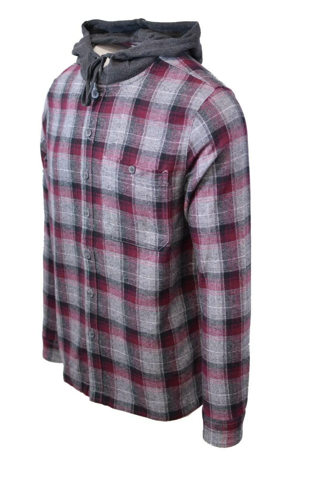 Cherokee Men's Tottus Camisa Maroon & Gray Plaid Hooded L/S Flannel Shirt