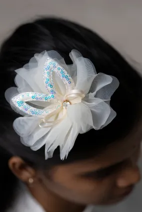 Chic White Floral Tulle Hair Clip with Sequin Detailing for Girls