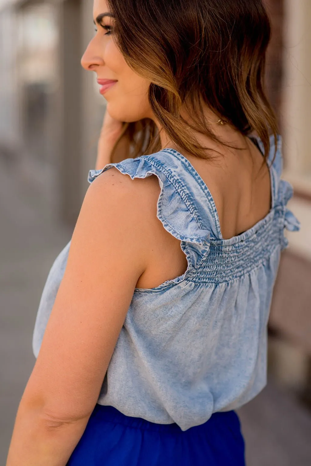 Cinched Ruffle Trim Denim Tank