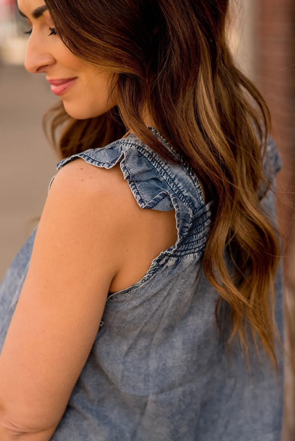 Cinched Ruffle Trim Denim Tank