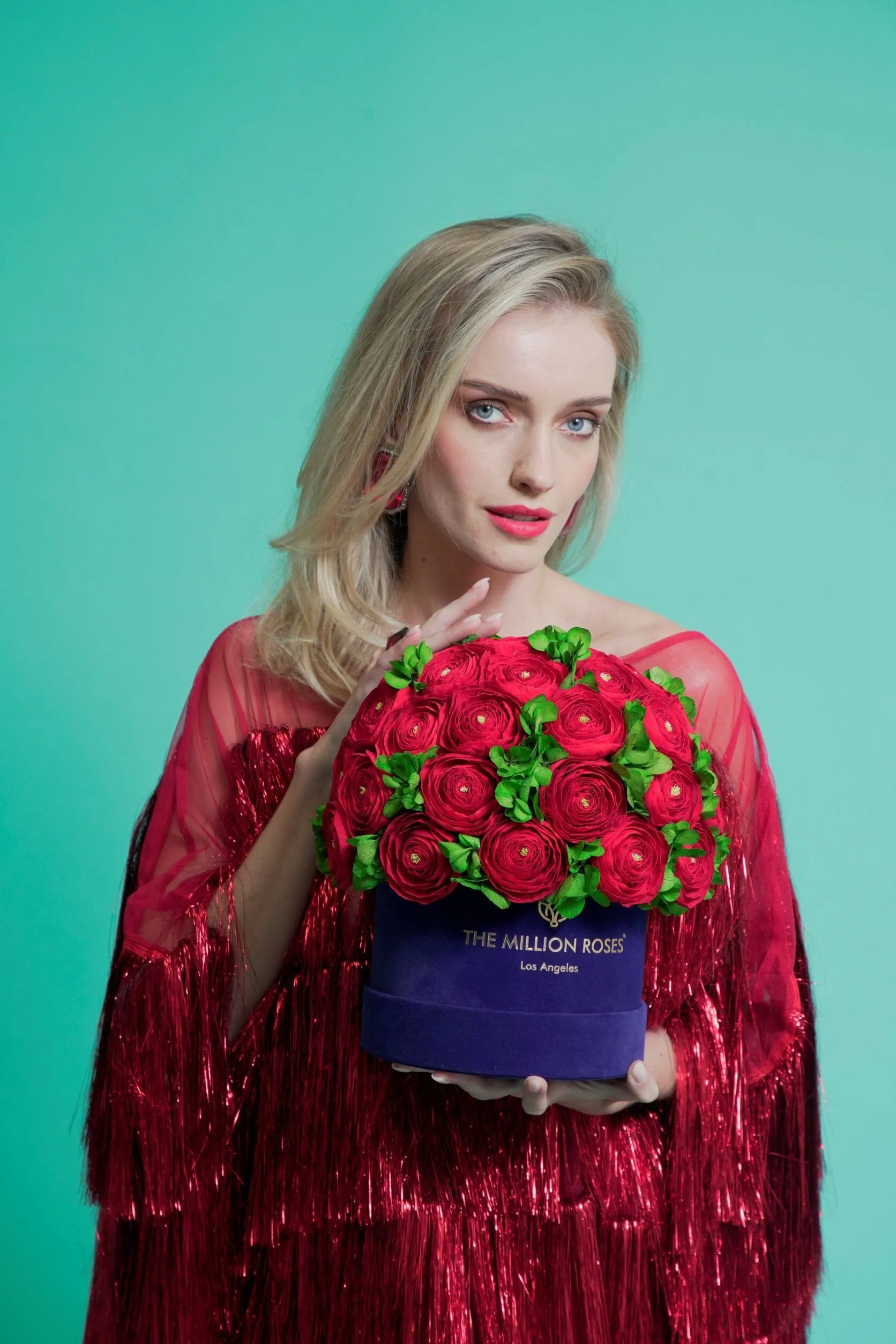 Classic Light Blue Suede Box | Red Persian Buttercups & Green Hydrangeas