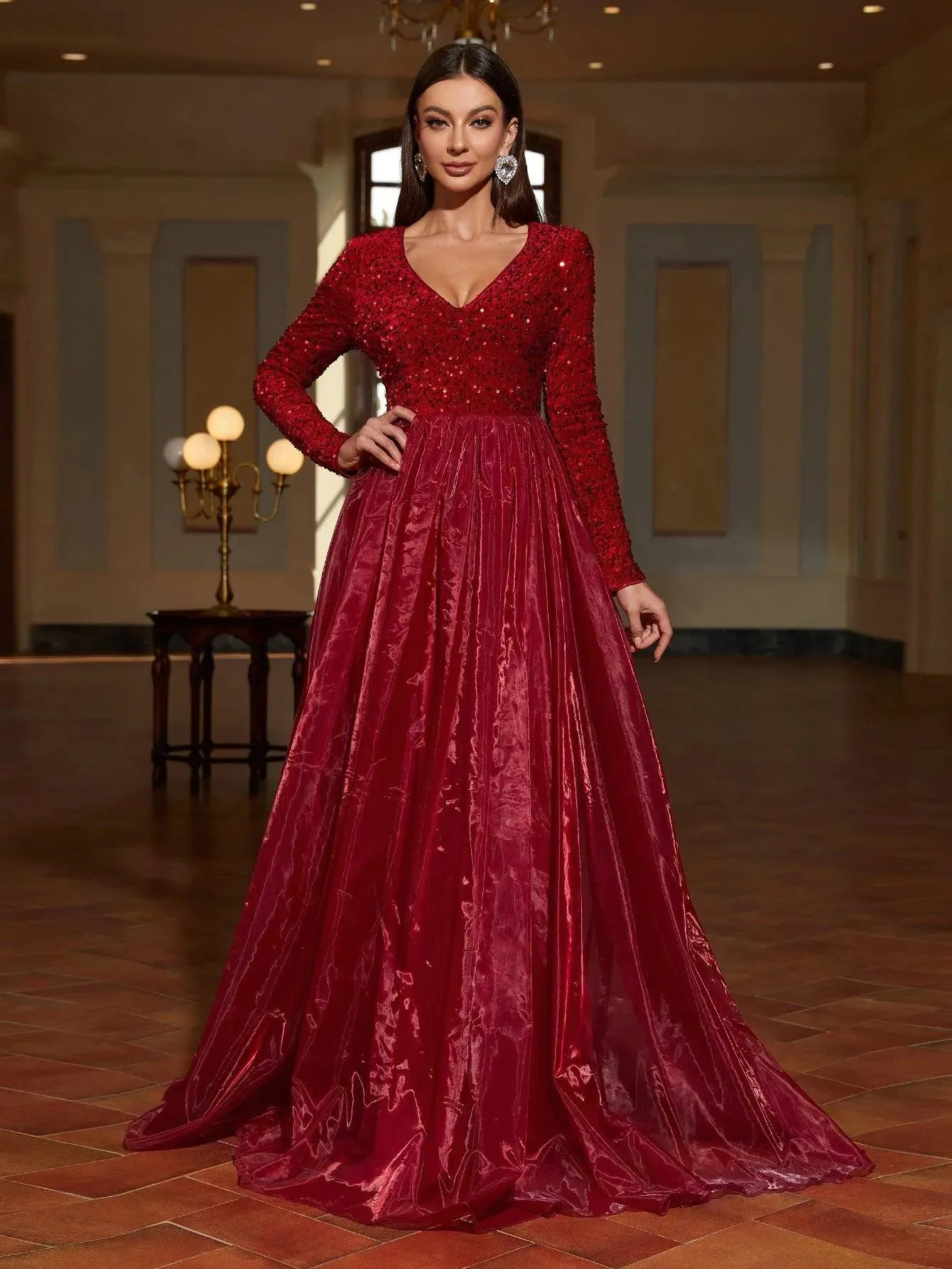 Classic Long-Sleeved V-Neck Formal Dress