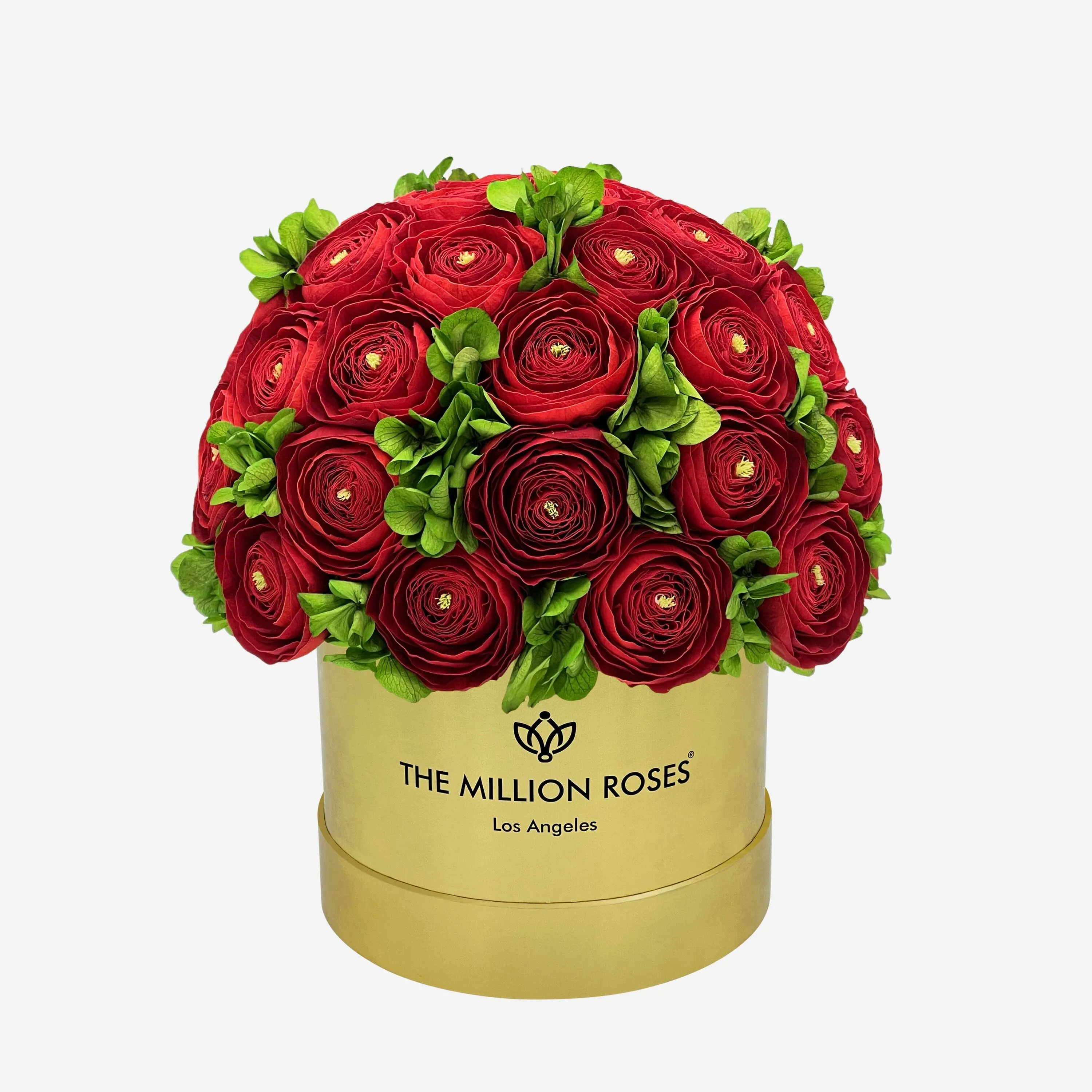 Classic Mirror Gold Box | Red Persian Buttercups & Green Hydrangeas