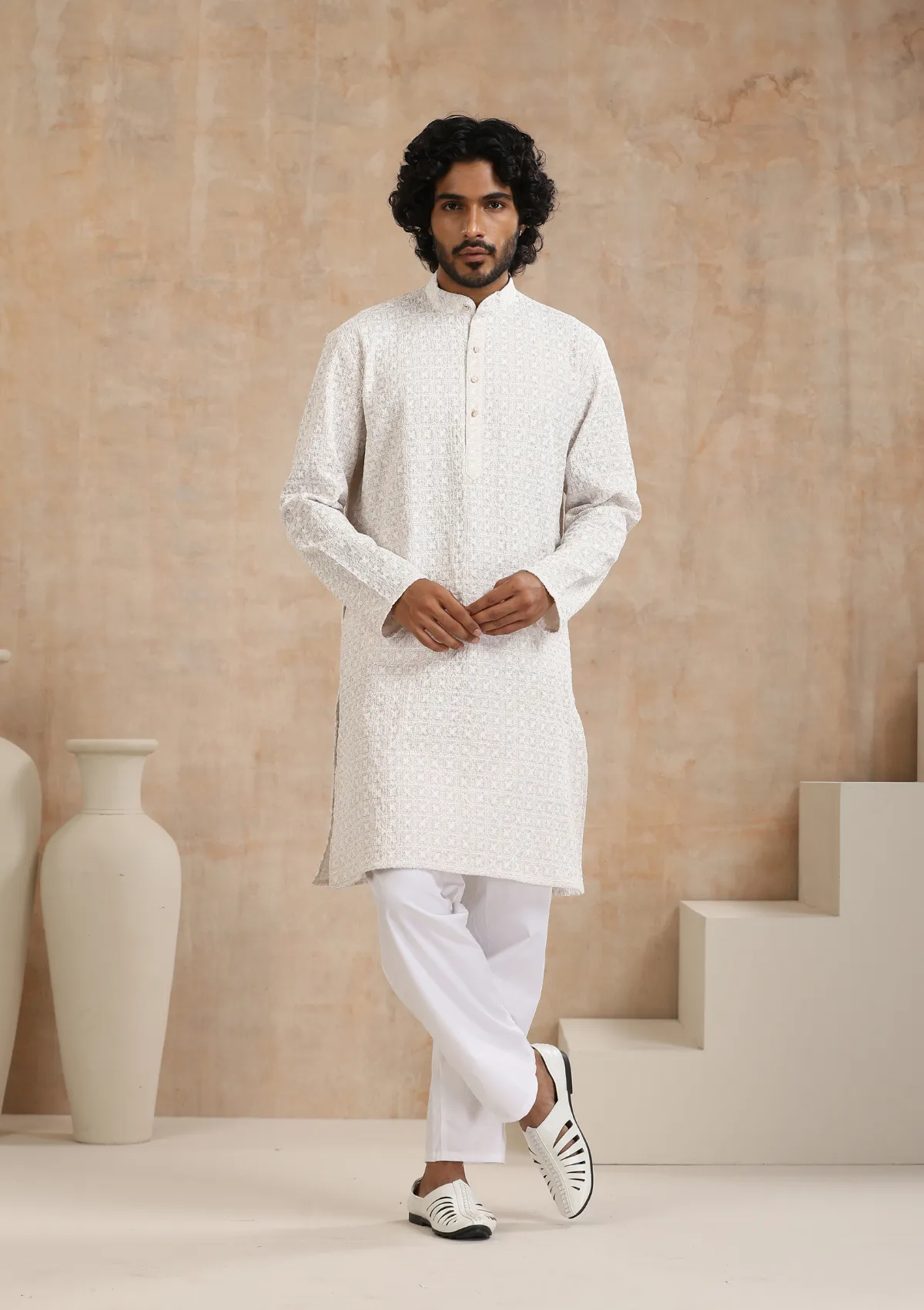 Cotton Blended Schiffli Solid Men's Long Kurta - Cream