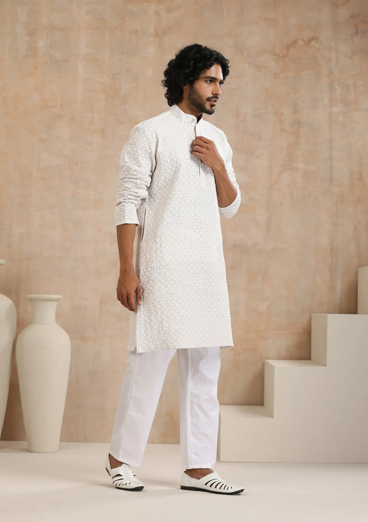 Cotton Blended Schiffli Solid Men's Long Kurta - Cream