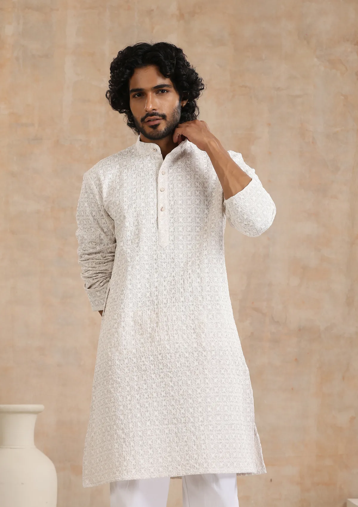 Cotton Blended Schiffli Solid Men's Long Kurta - Cream