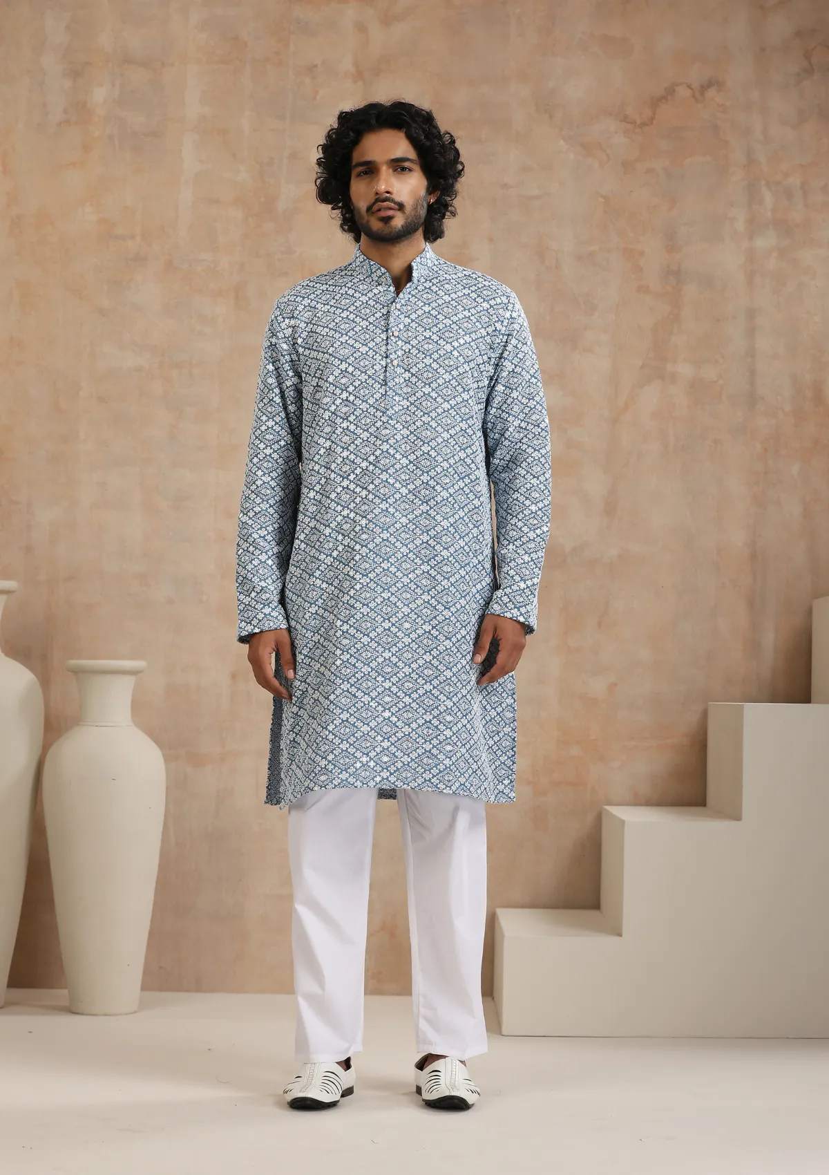 Cotton Blended Schiffli with Sequins Solid Men's Long Kurta - Blue