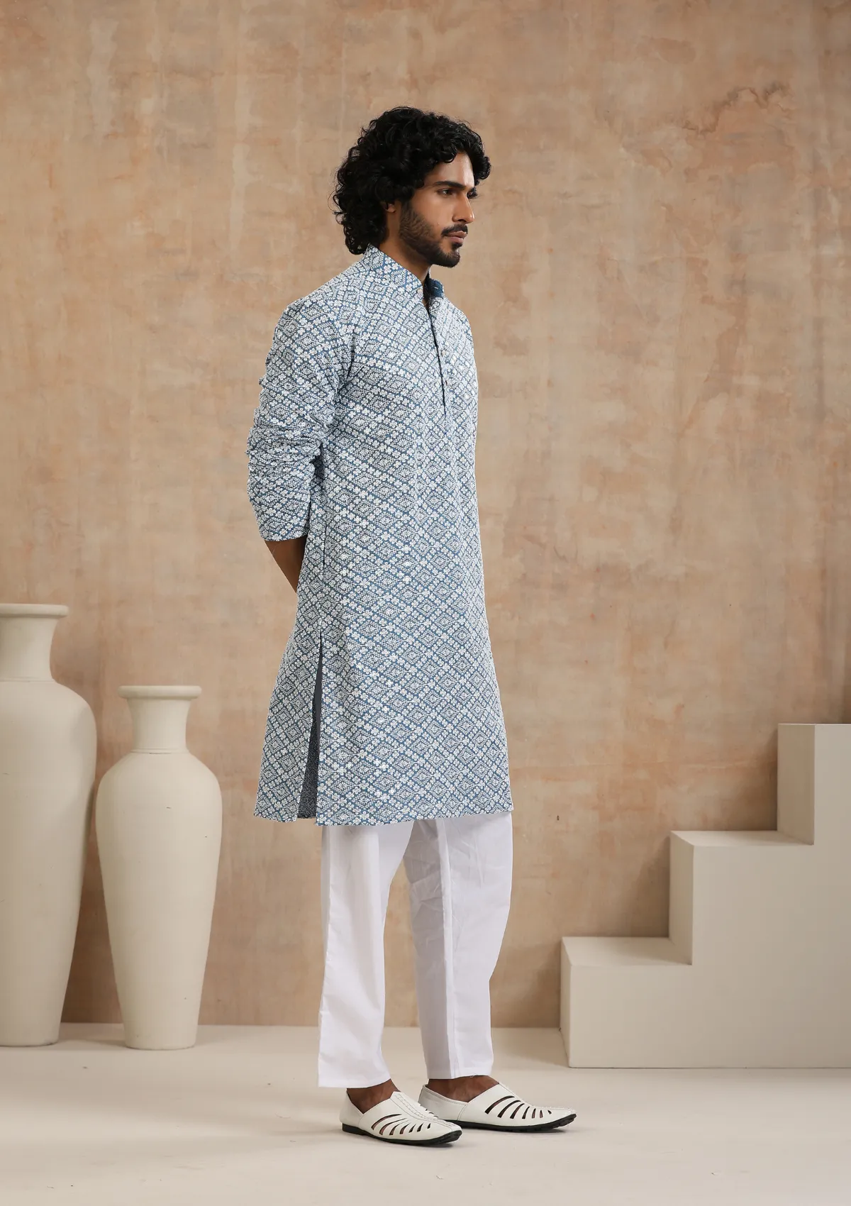 Cotton Blended Schiffli with Sequins Solid Men's Long Kurta - Blue