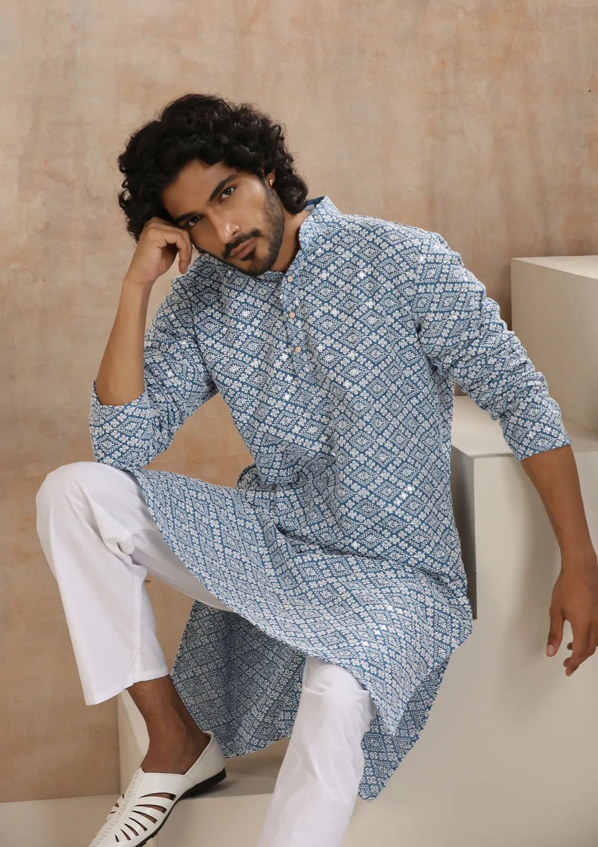 Cotton Blended Schiffli with Sequins Solid Men's Long Kurta - Blue