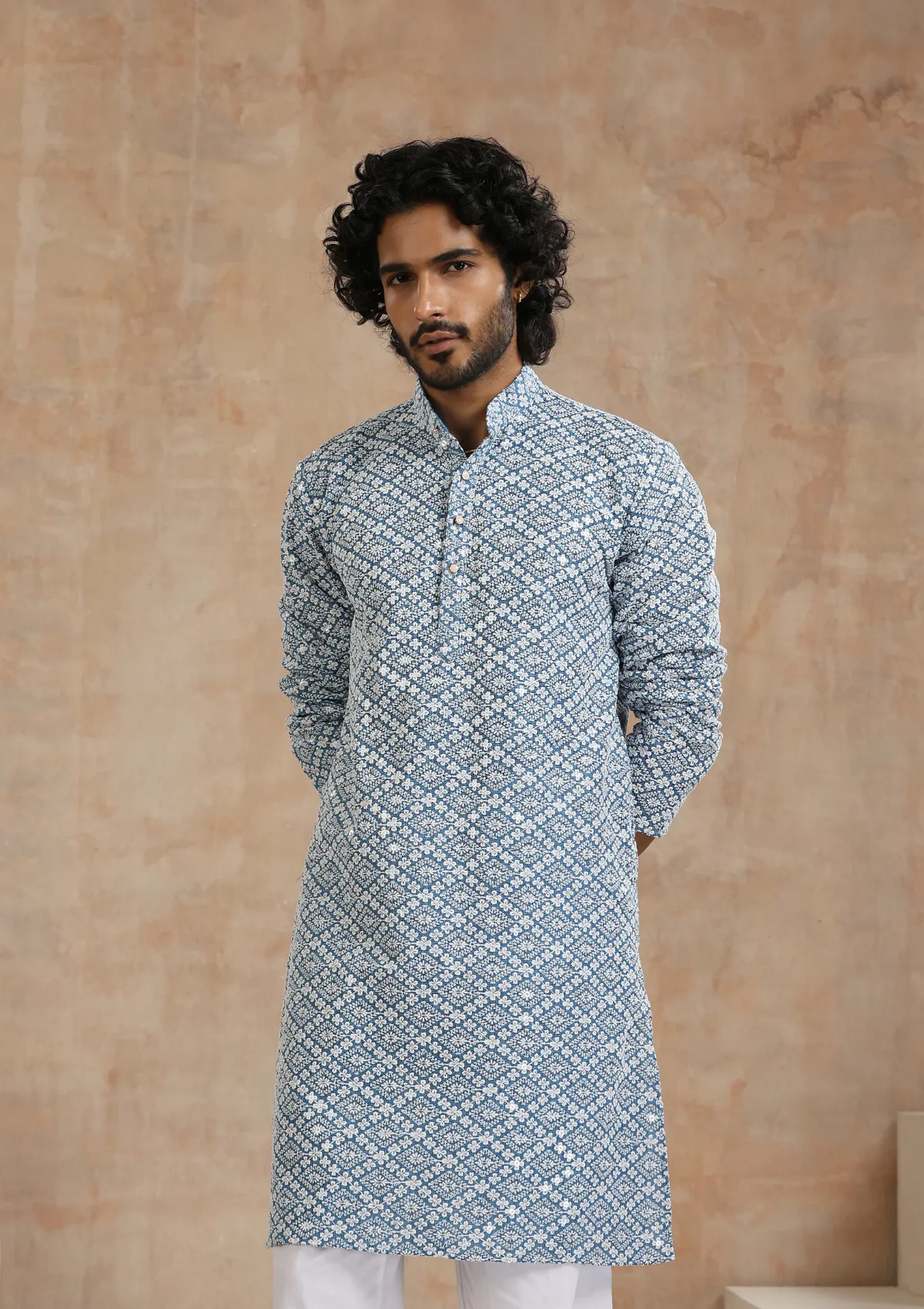 Cotton Blended Schiffli with Sequins Solid Men's Long Kurta - Blue