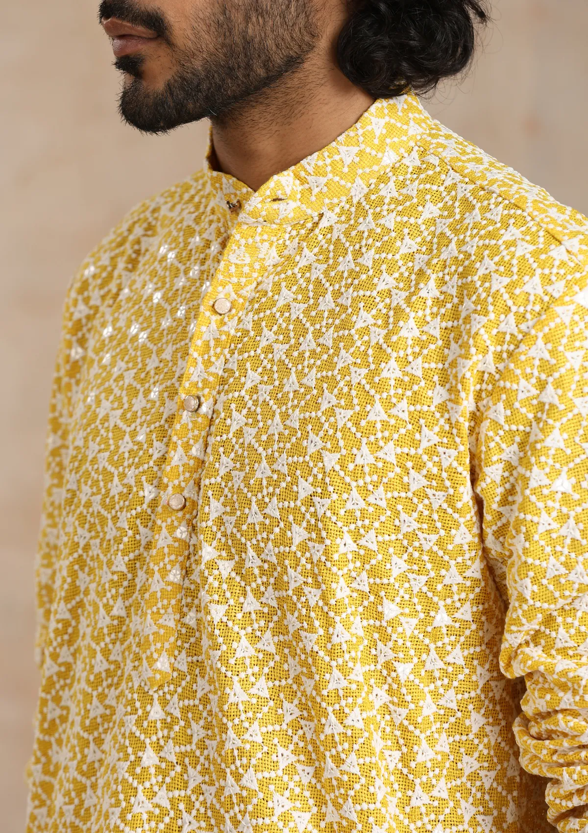 Cotton Blended Schiffli with Sequins Solid Men's Long Kurta - Yellow