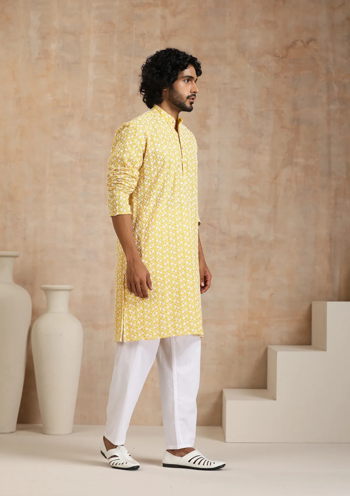 Cotton Blended Schiffli with Sequins Solid Men's Long Kurta - Yellow