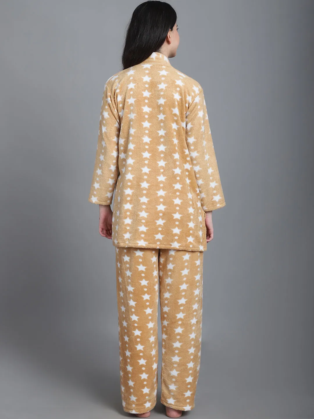 Cozy Star Print Winter Night Suit - Beige