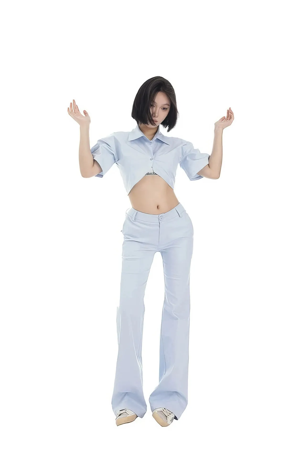 Cropped Button-Up Shirt and Flared Pants Set