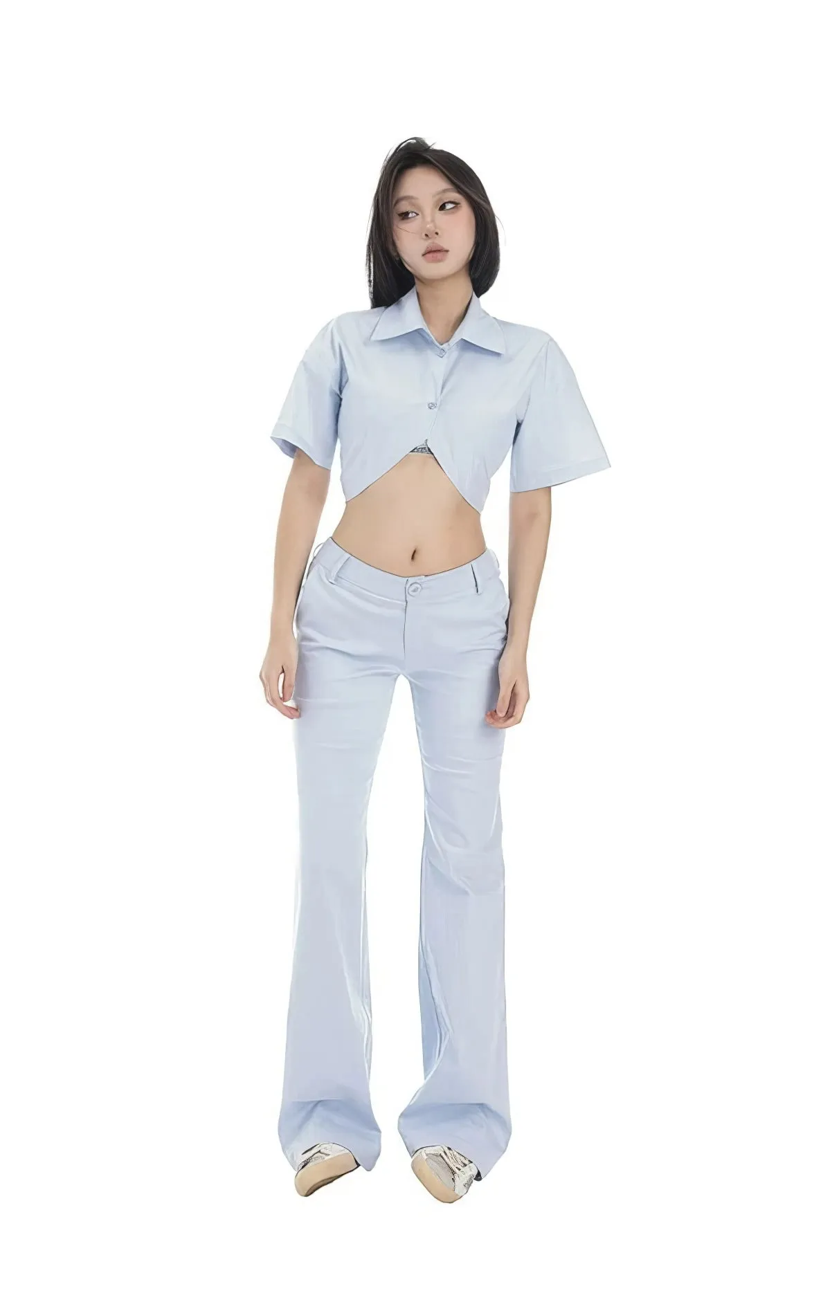 Cropped Button-Up Shirt and Flared Pants Set