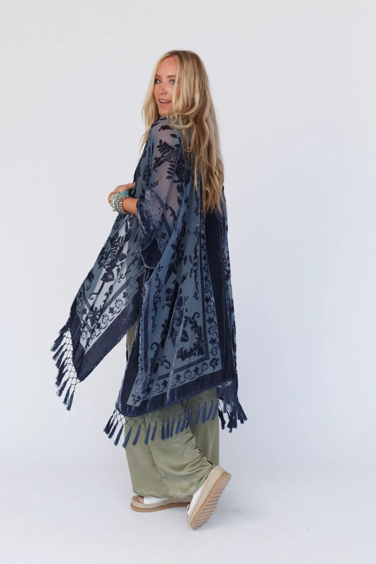 Crushin' On You Velvet Kimono - Navy Blue