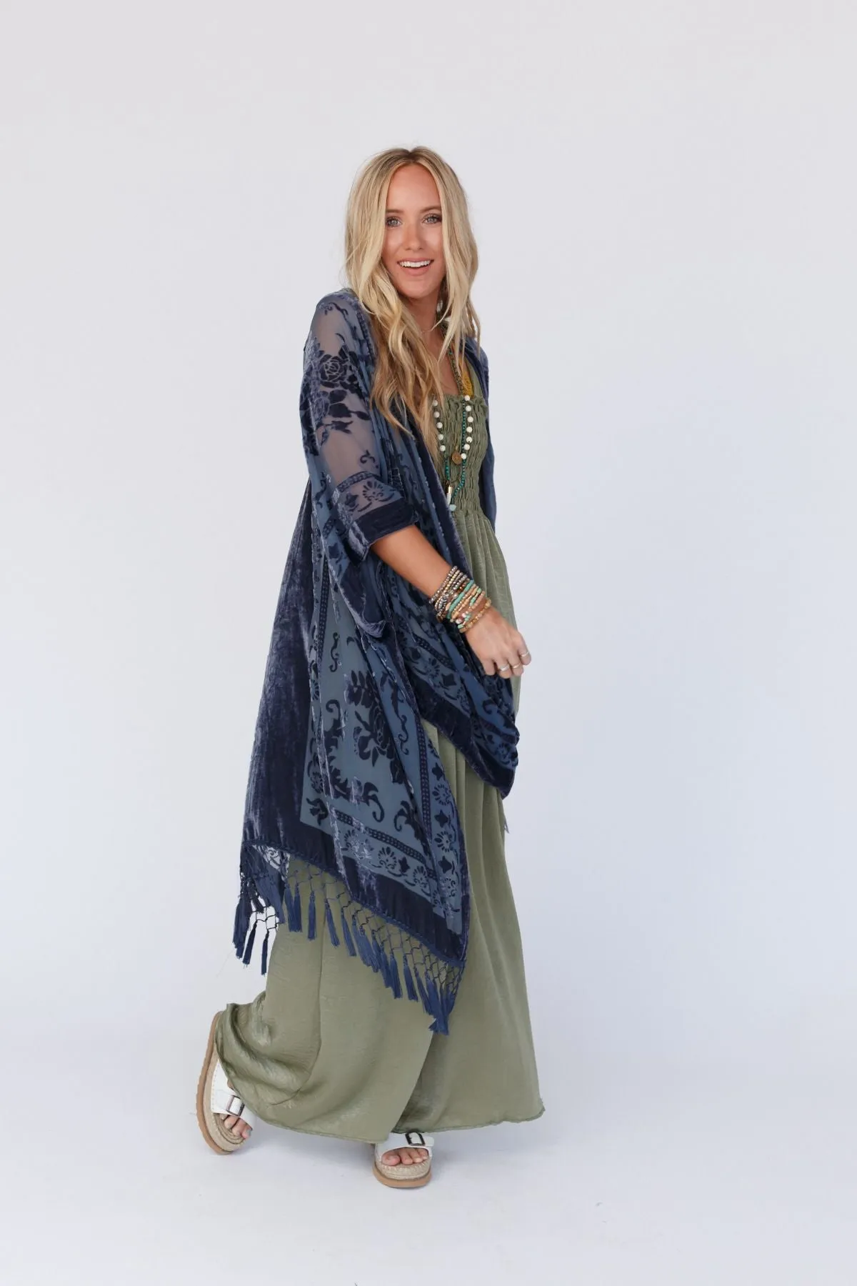 Crushin' On You Velvet Kimono - Navy Blue