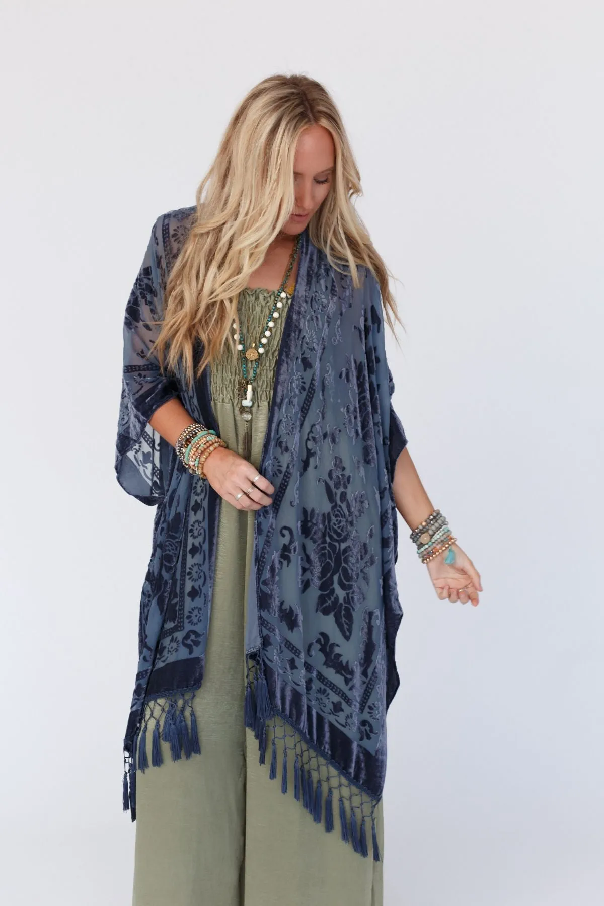 Crushin' On You Velvet Kimono - Navy Blue