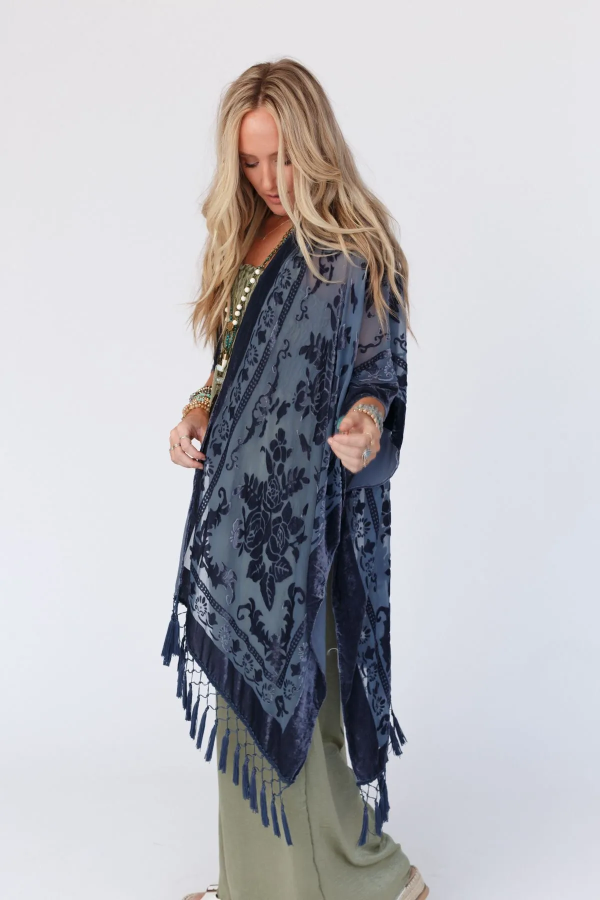 Crushin' On You Velvet Kimono - Navy Blue