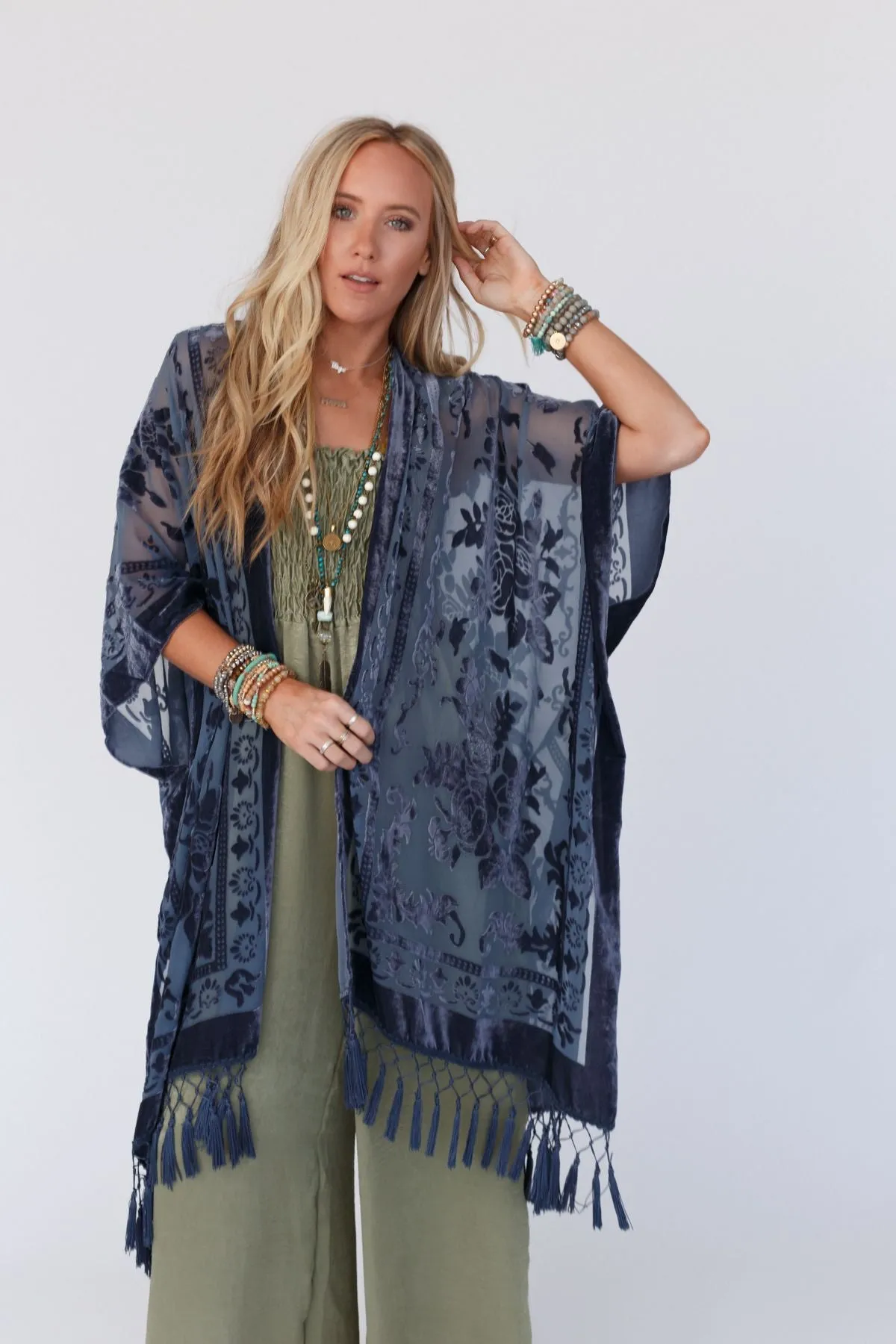 Crushin' On You Velvet Kimono - Navy Blue