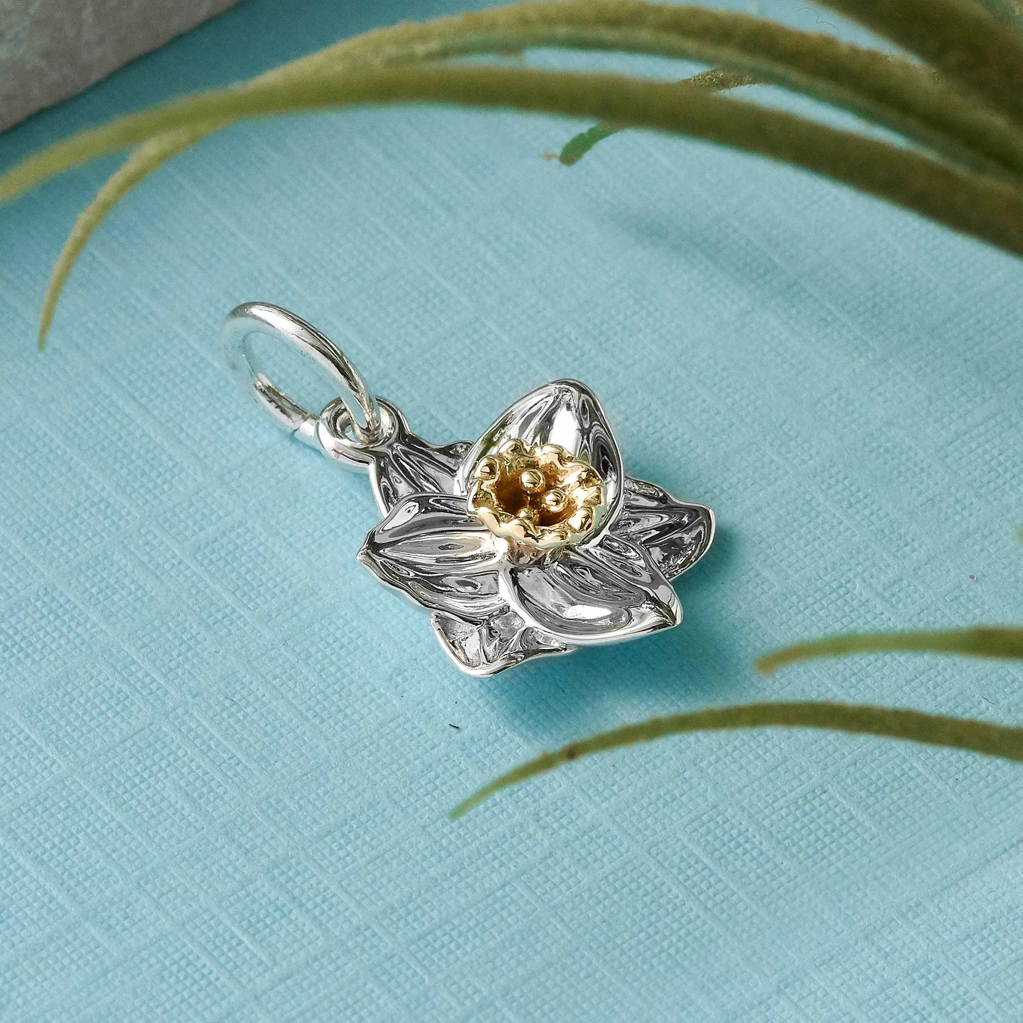 Daffodil Flower Silver & Solid Gold Charm