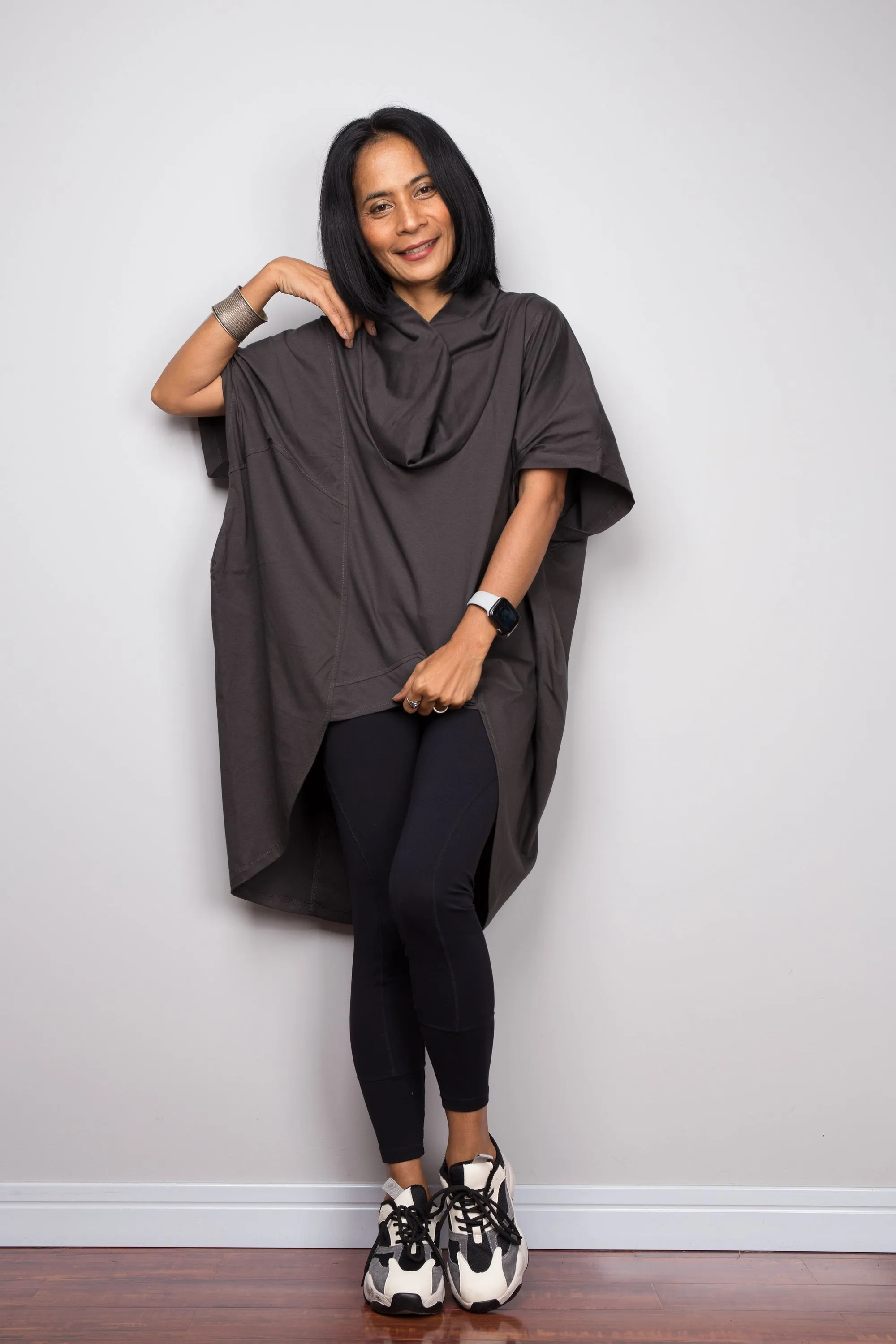 Dark grey pullover tunic dress with cowl neck