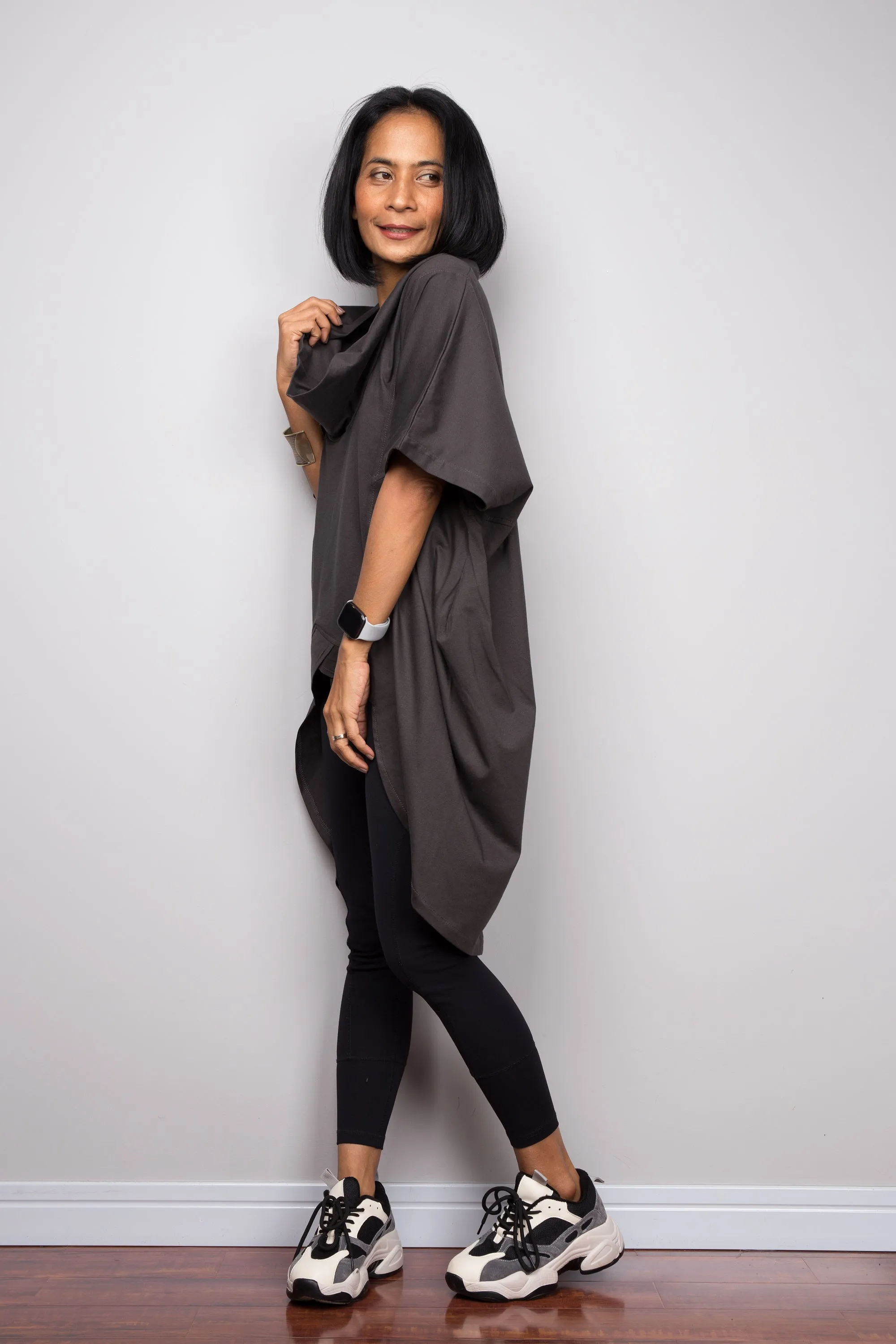 Dark grey pullover tunic dress with cowl neck