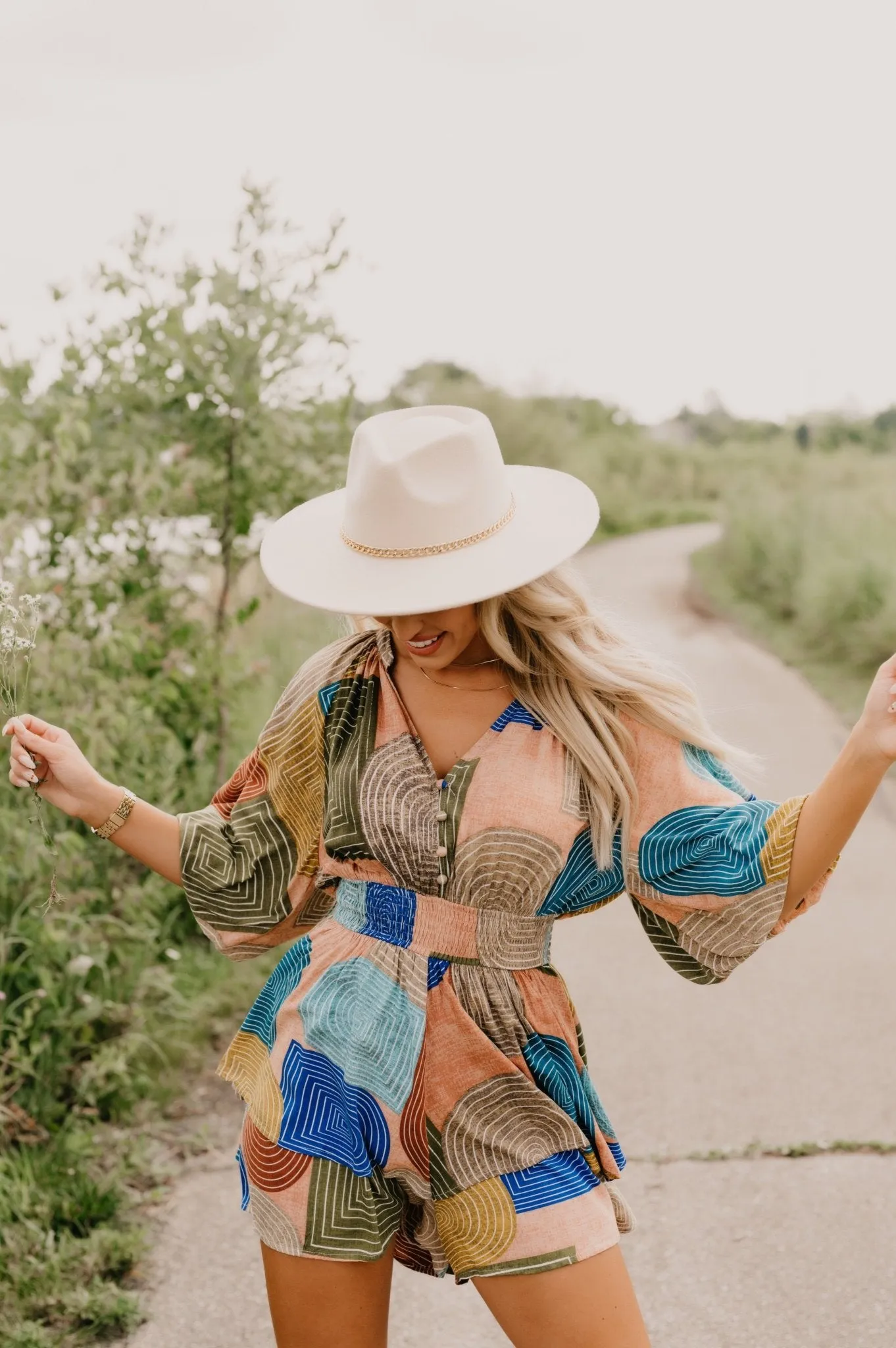 Dark Salmon Printed Smocked Romper