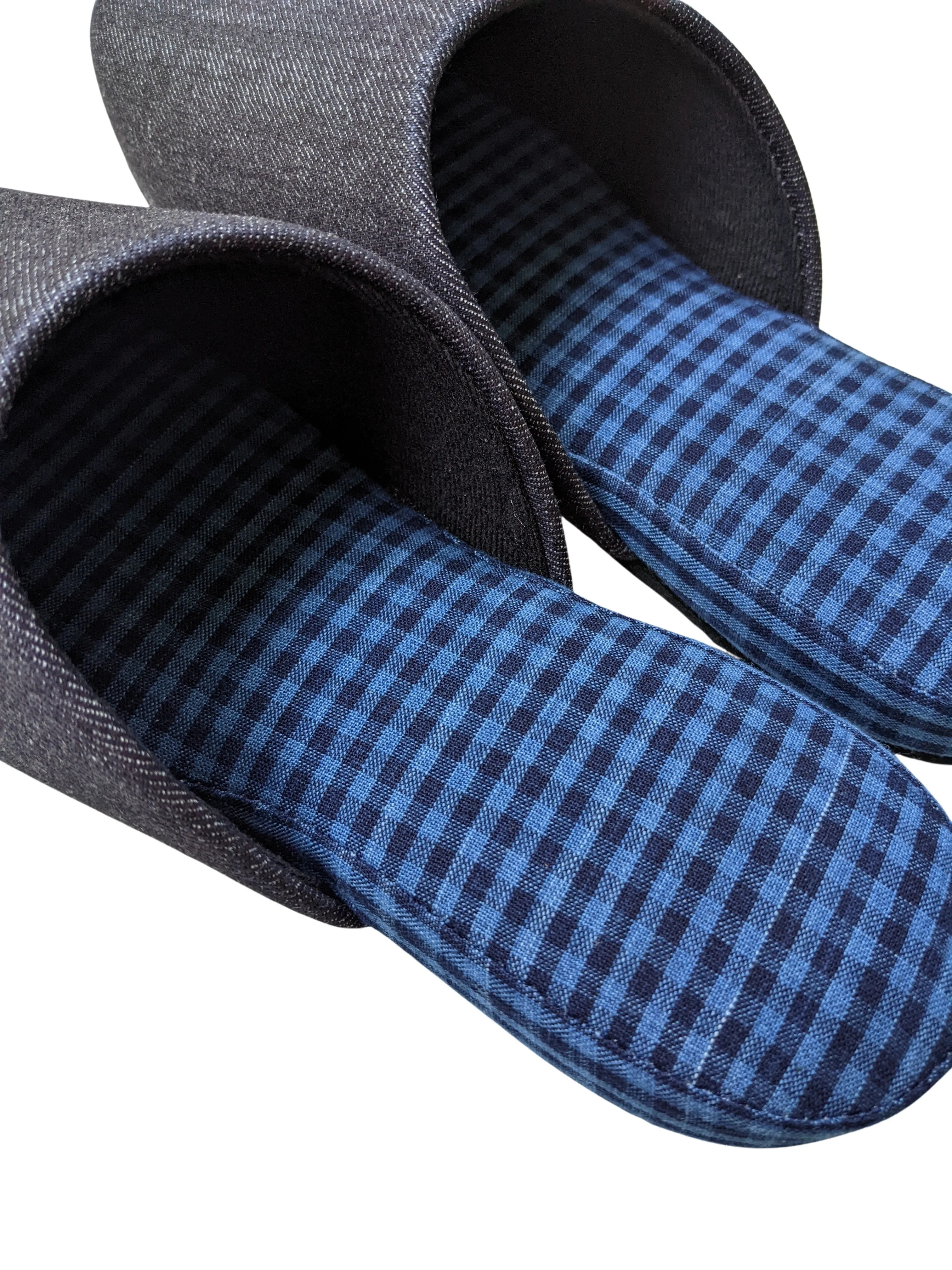 Denim Blue Checkered Plaid Mix Slippers [Black wool felt sole] 2 size Large / XL