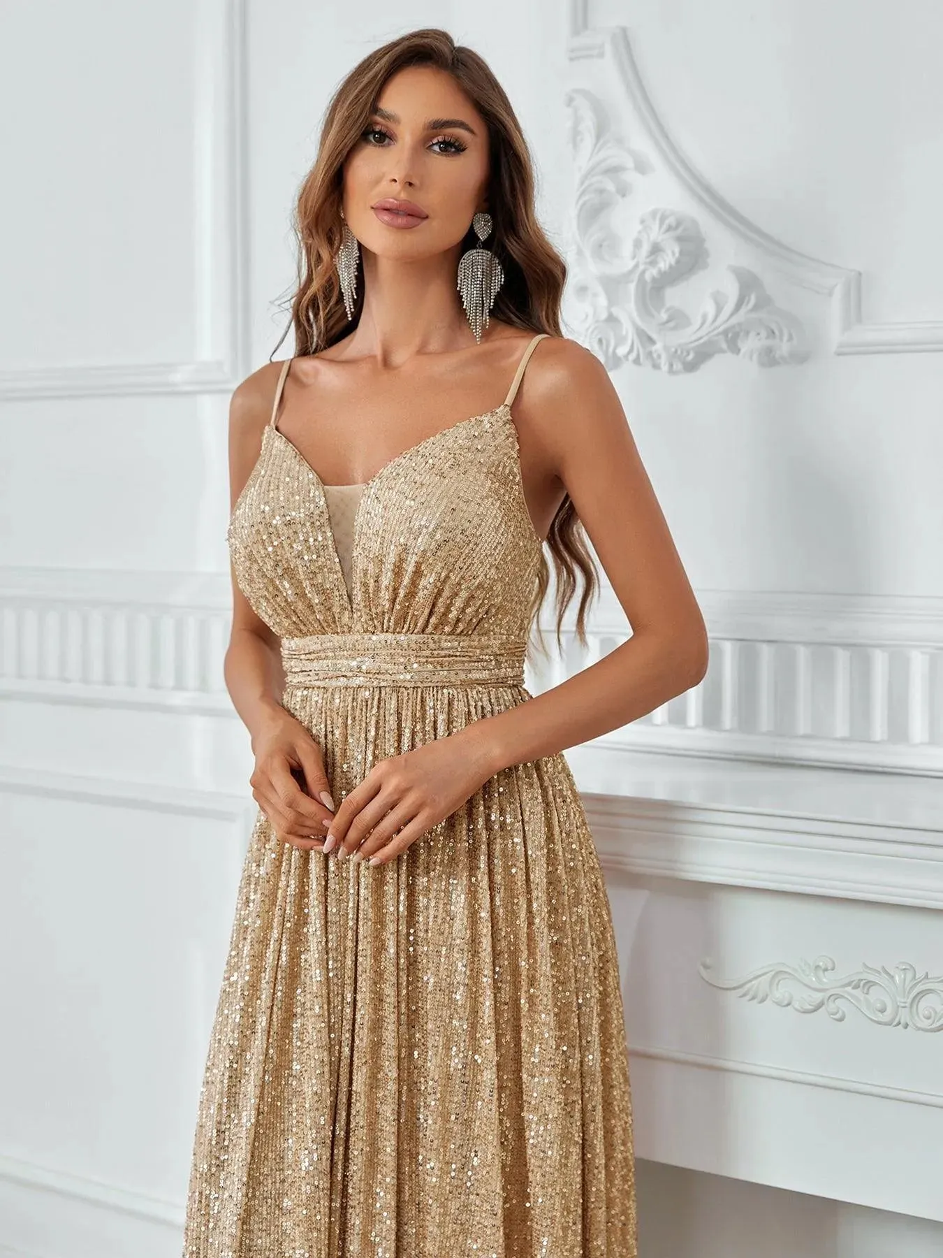 Elegant Plunging Neck A Line Sequin Slip Dress