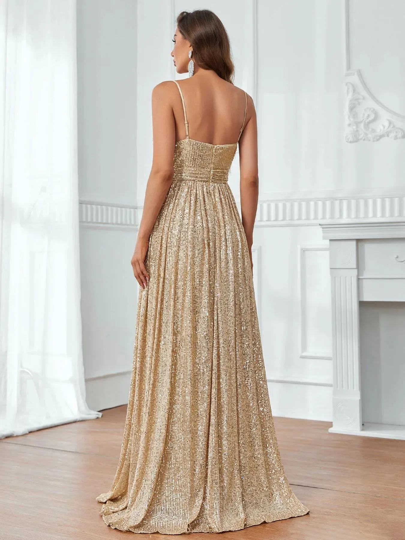 Elegant Plunging Neck A Line Sequin Slip Dress