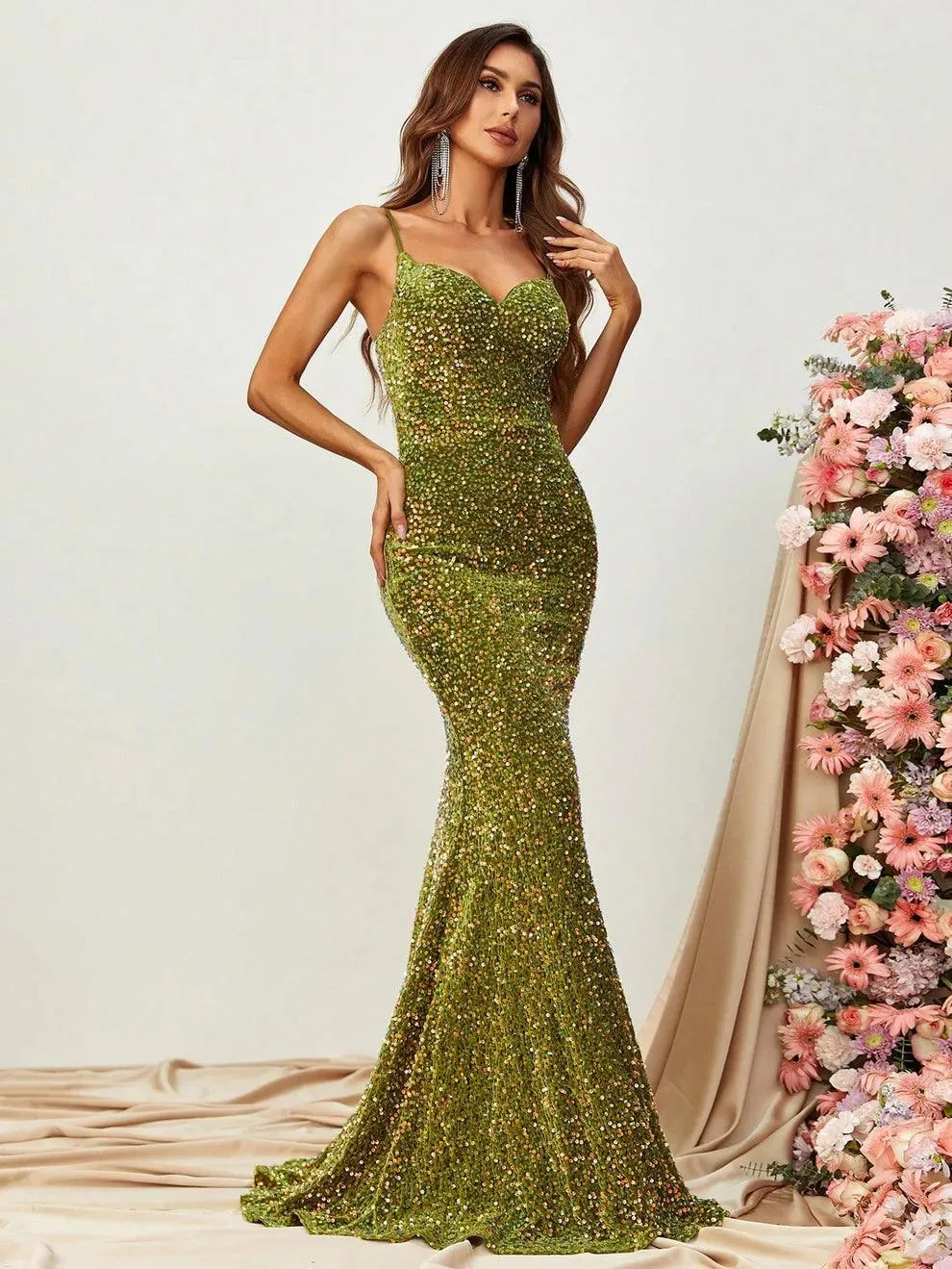 Elegant Spaghetti Straps Sequin Mermaid Dresses