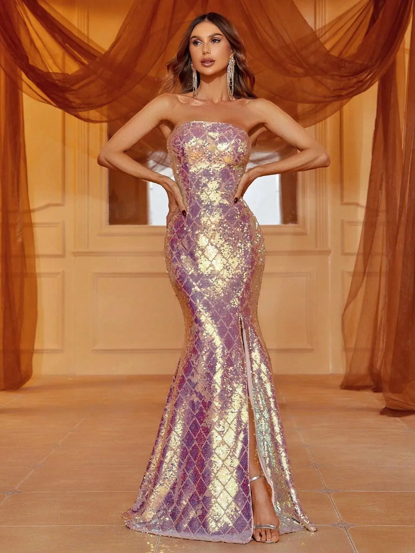 Elegant Split Thigh Sequin Mermaid Hem Tube Dress