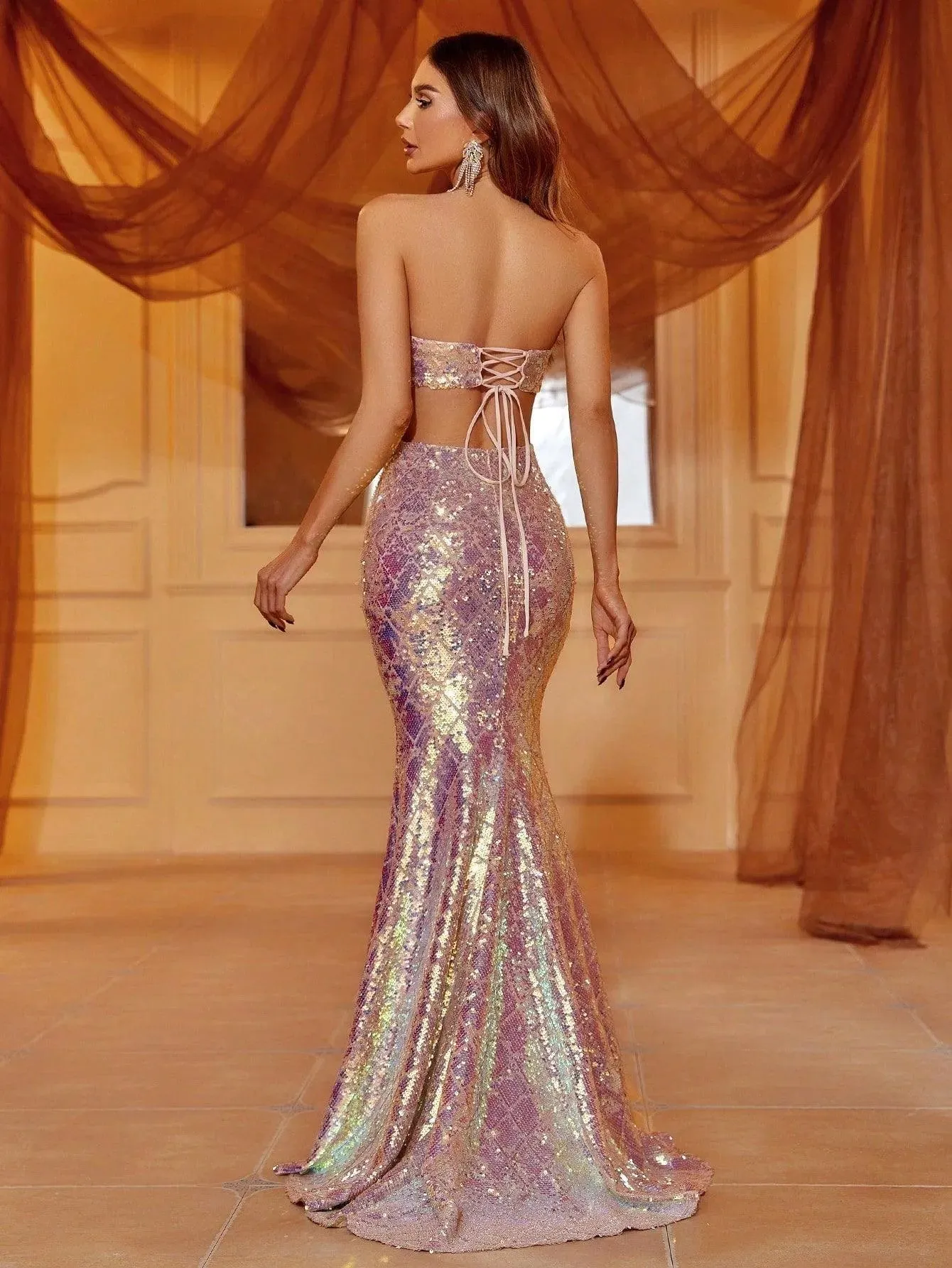 Elegant Split Thigh Sequin Mermaid Hem Tube Dress