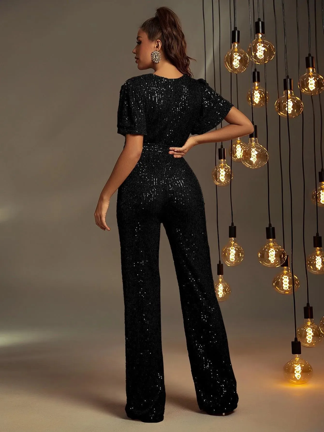 Elegant V Neck Short Sleeve Sequins Jumpsuit