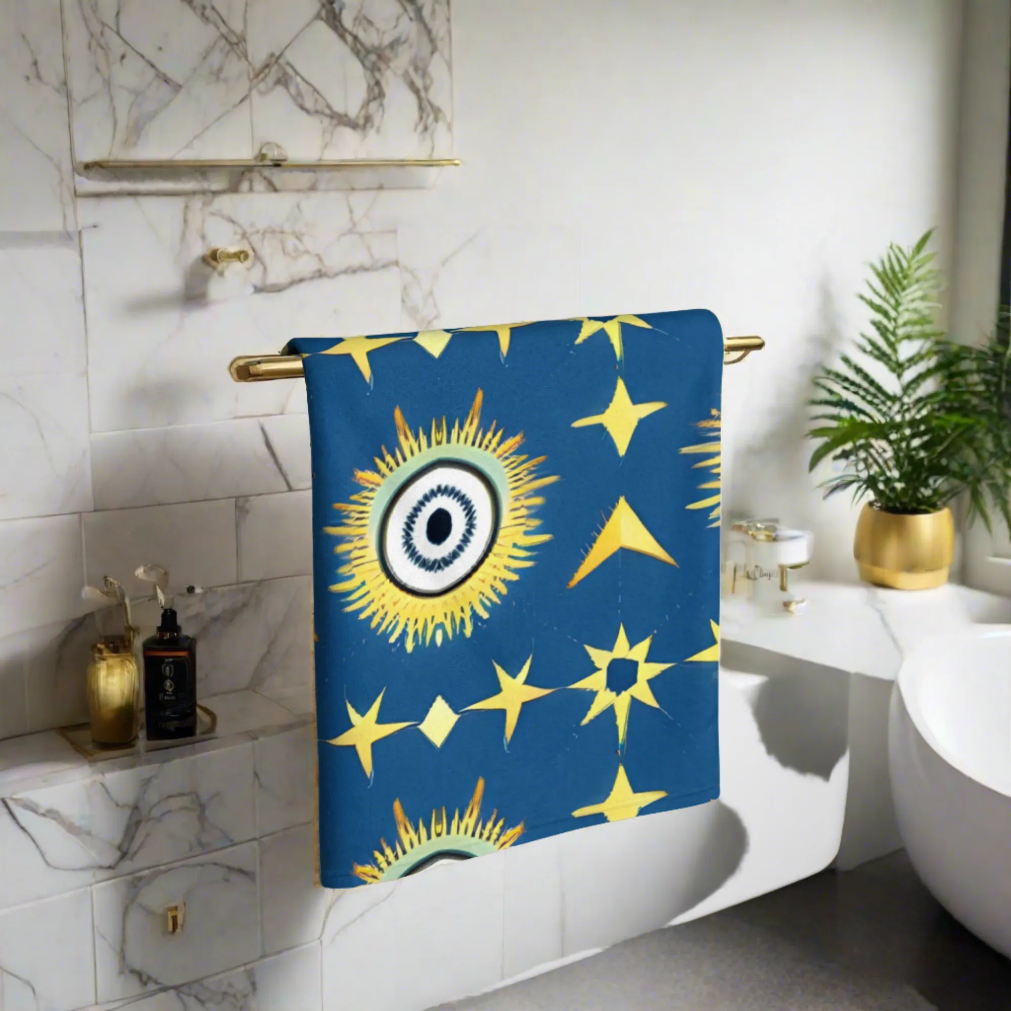 Elevate Your Bathroom Decor with Navy & Gold Star Sublimation Towel | Soft and Cozy