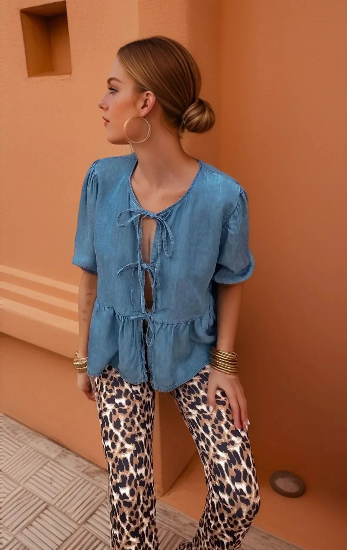 Fashion Imitation Tencel Solid Color Denim Lace-up Design Summer New 2024 Female Shirt Blouse