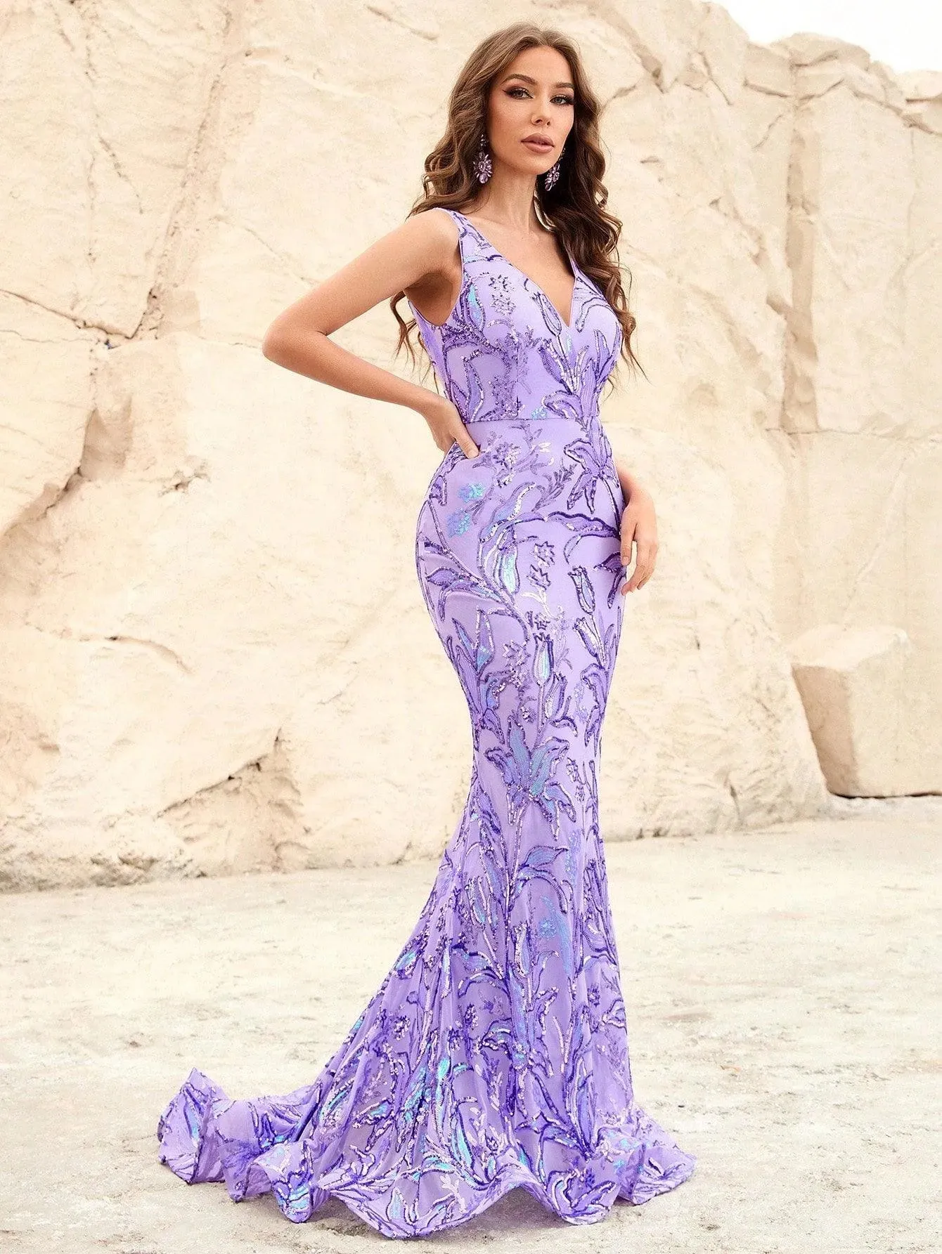 Floral Sequin Backless Mermaid Dress