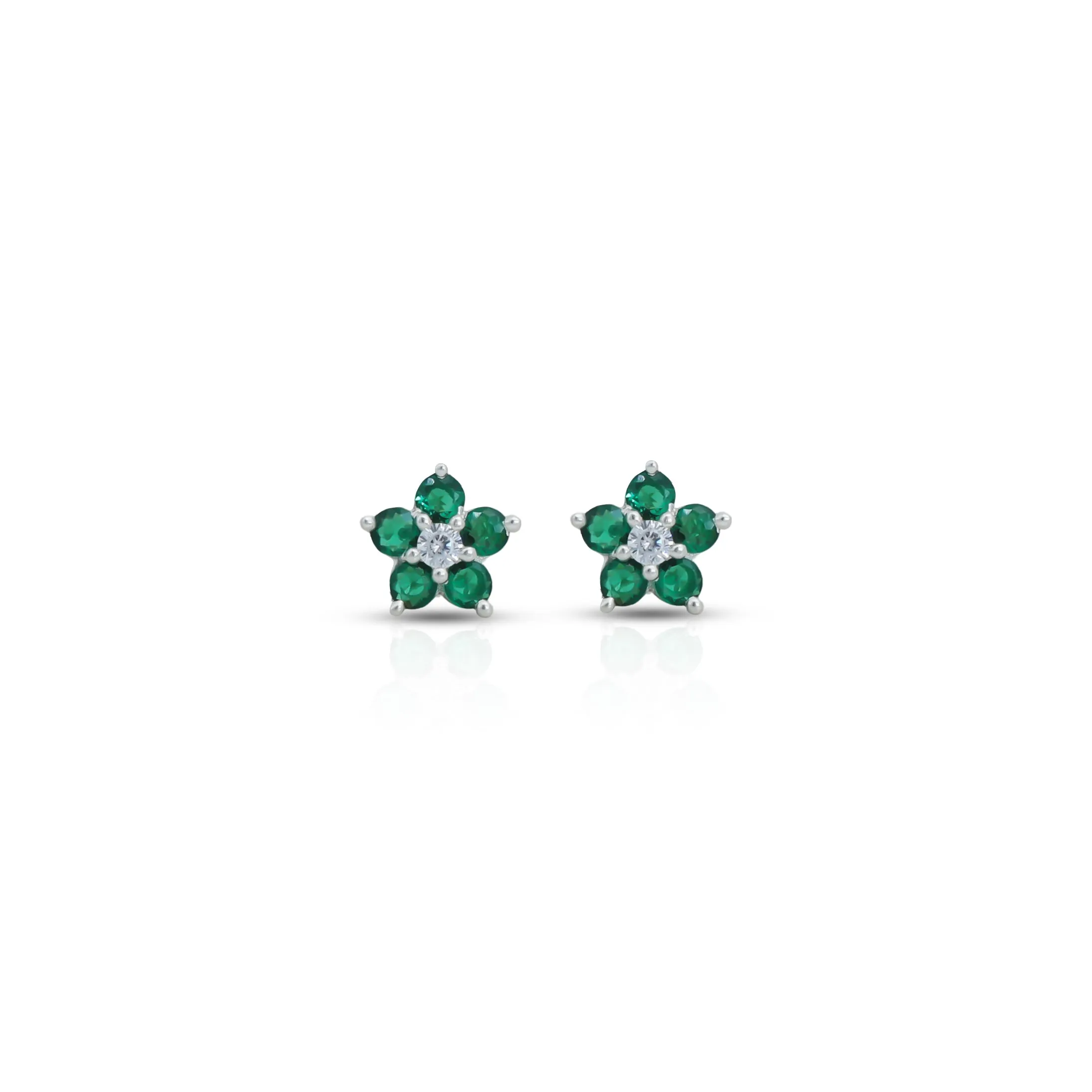 Flower Design Green Stone Silver Earrings