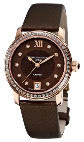 Frederique Constant Classics Automatic Diamond Rose Gold Plated Steel Brown Mother-Of-Pearl Dial Brown Satin Strap Date Womens Watch FC-303CHD2PD4