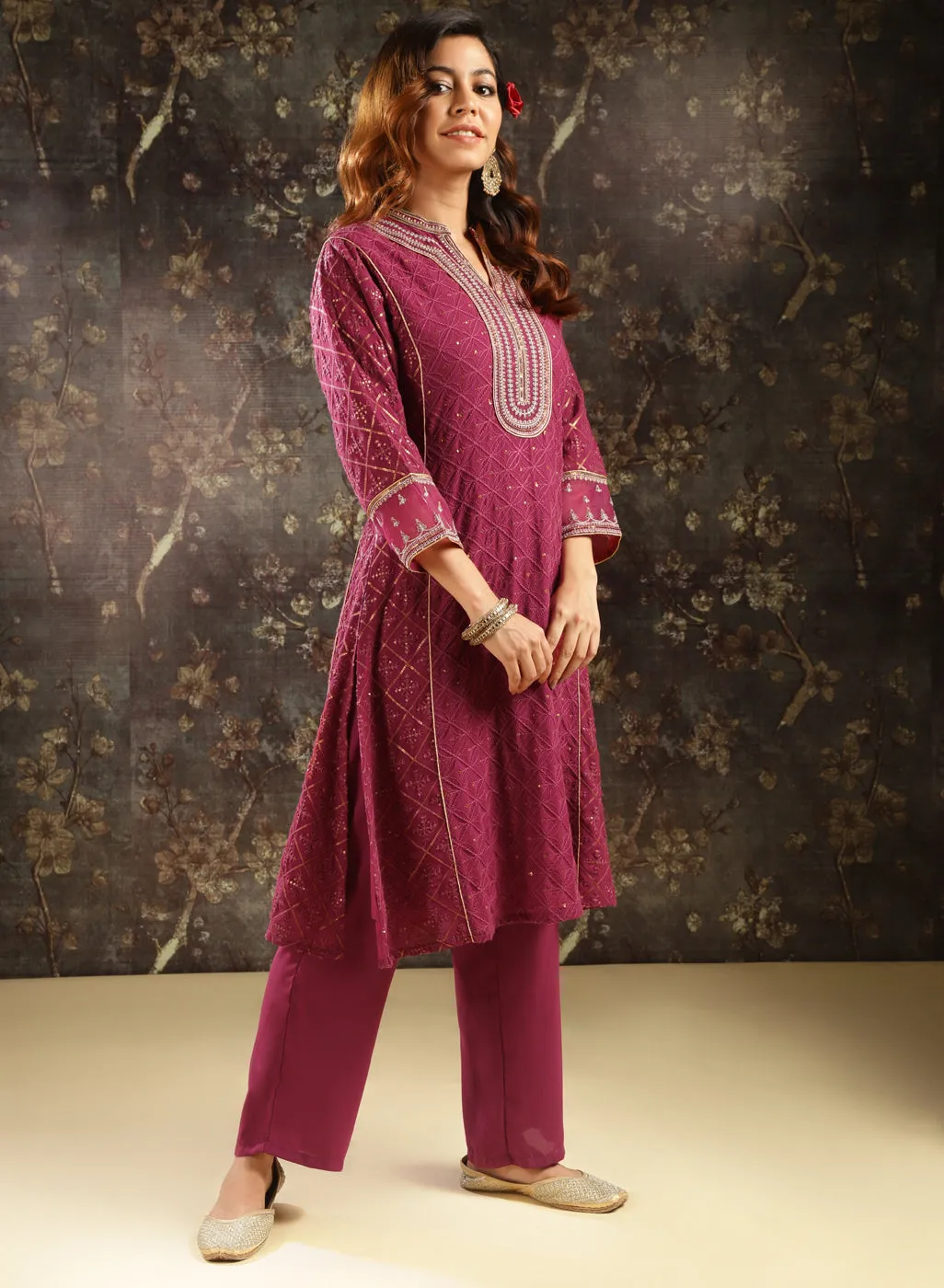 Fuchsia Schiffli Co-ord Set with Hand Embroidery