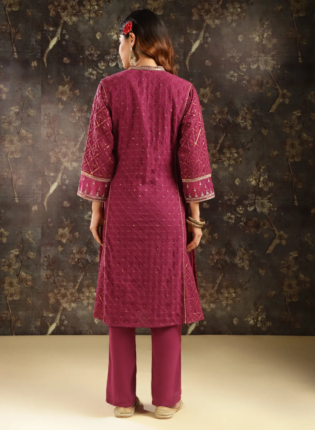 Fuchsia Schiffli Co-ord Set with Hand Embroidery