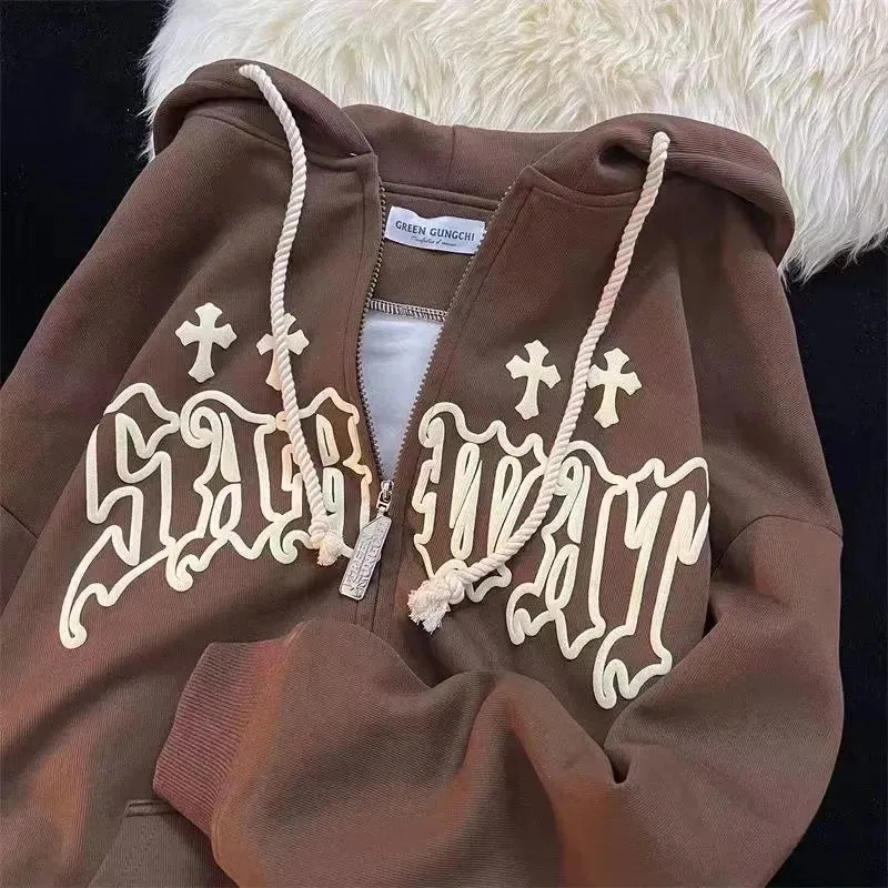 Getadme Goth Embroidery Hoodies Women High Street Harajuku Retro Hip Hop Zip Up Hoodie Loose Man Sweatshirt Hoodie Clothes Y2K Hoodie